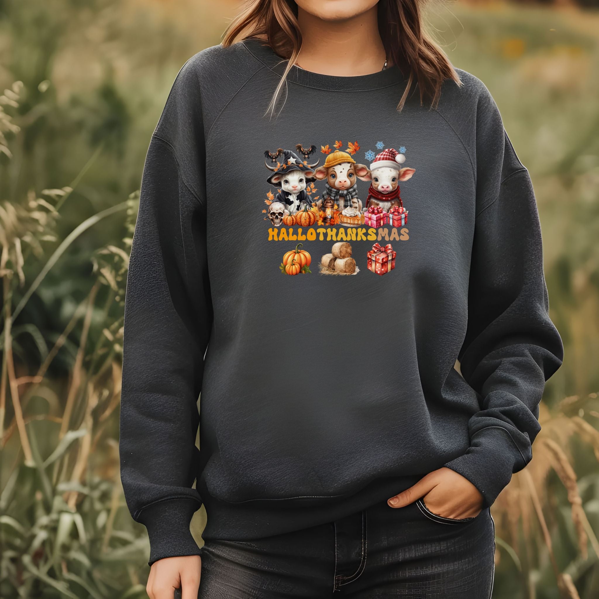 Spooky to Jolly - All-Season Celebration HalloThanksMas Tee (2), Unisex Heavy Blend™ Crewneck Sweatshirt