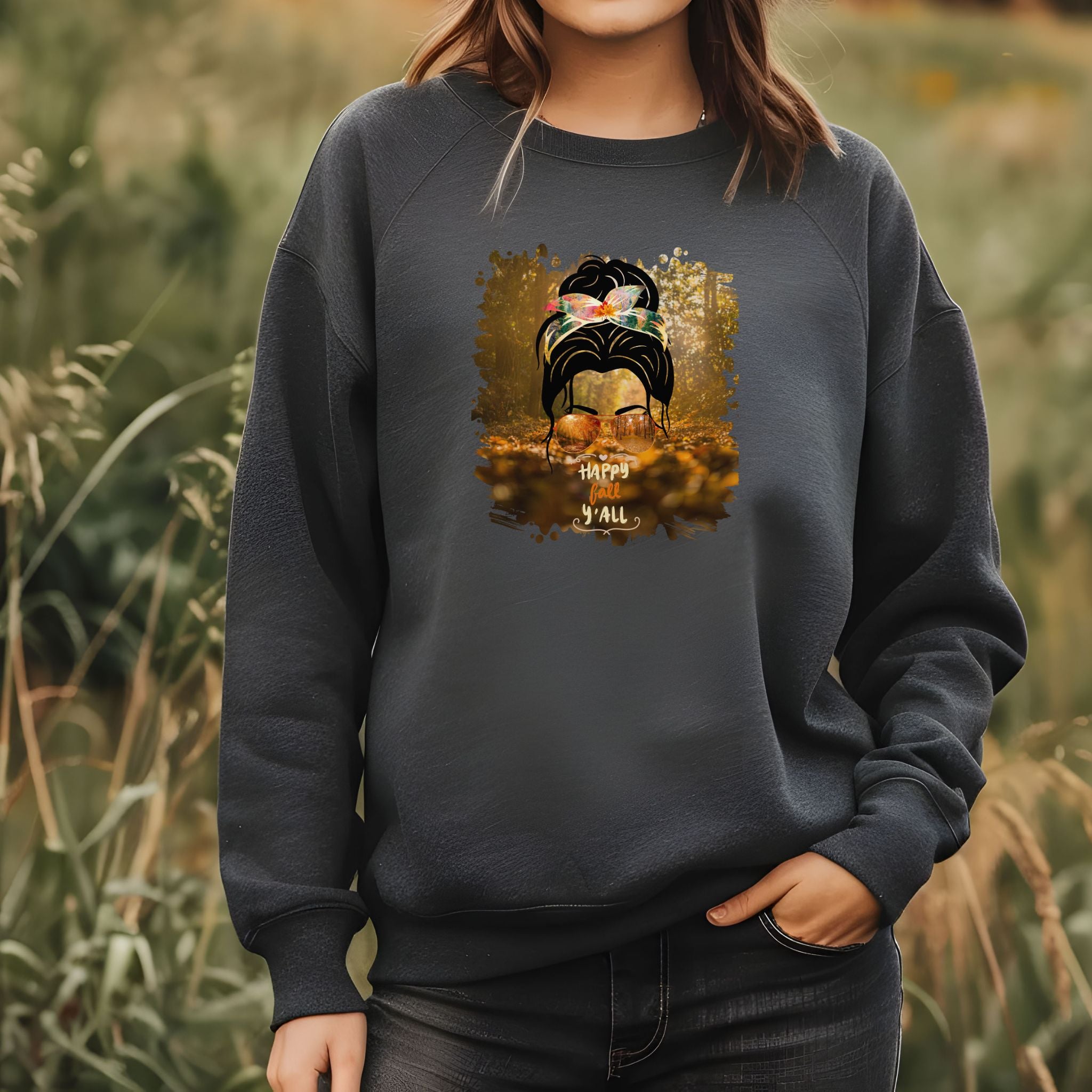 Happy Fall Y'all Fall Forest, Dark Hair Messy Bun, Unisex Heavy Blend™ Crewneck Sweatshirt