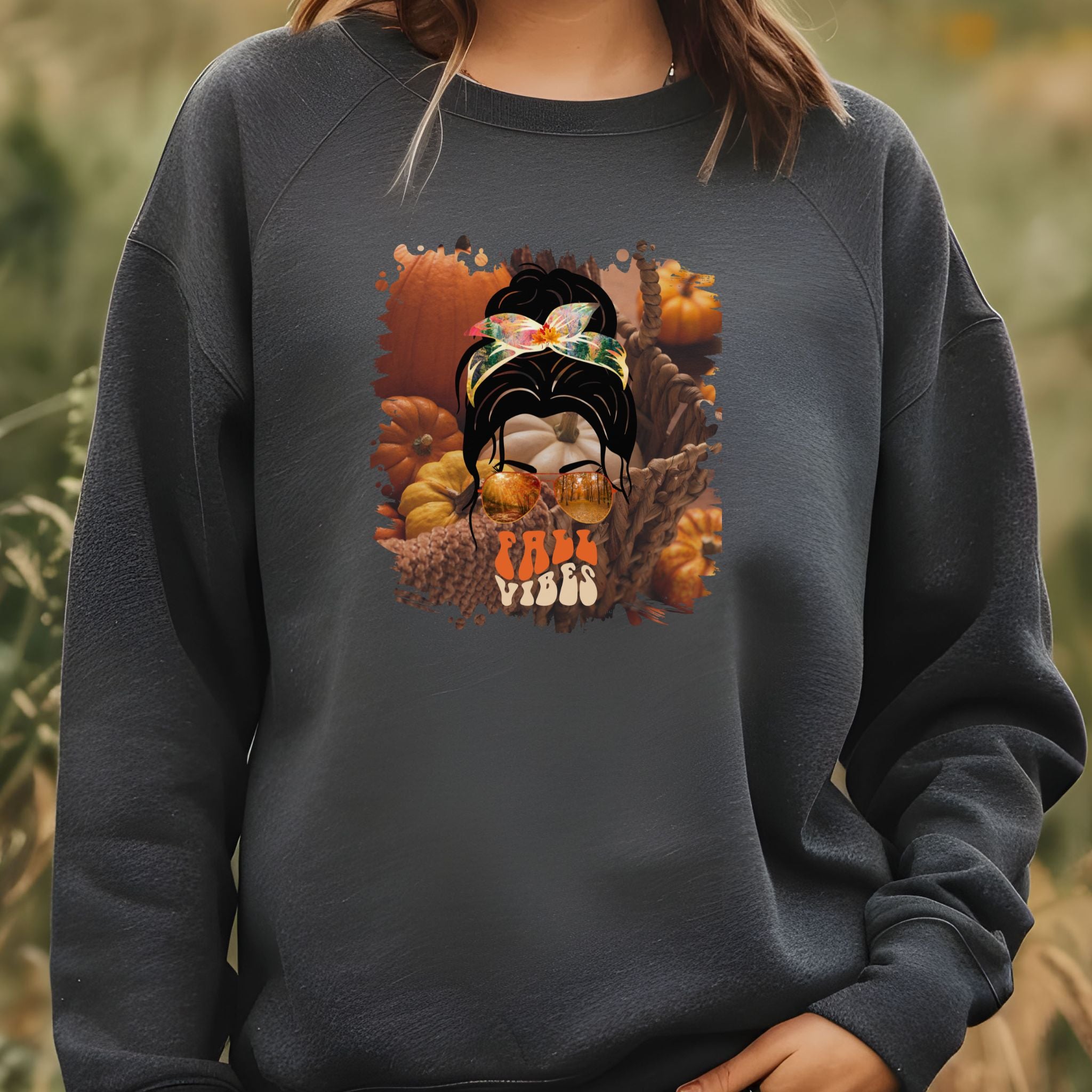 Fall Vibes Fall Pumpkins, Dark Hair Messy Bun, Unisex Heavy Blend™ Crewneck Sweatshirt