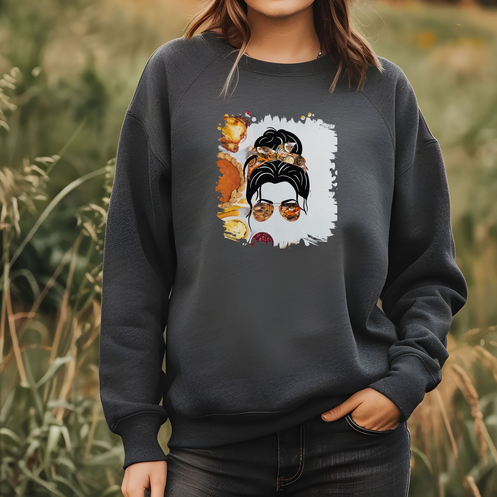 Thanksgiving Pie, Dark Hair Messy Bun, Unisex Heavy Blend™ Crewneck Sweatshirt