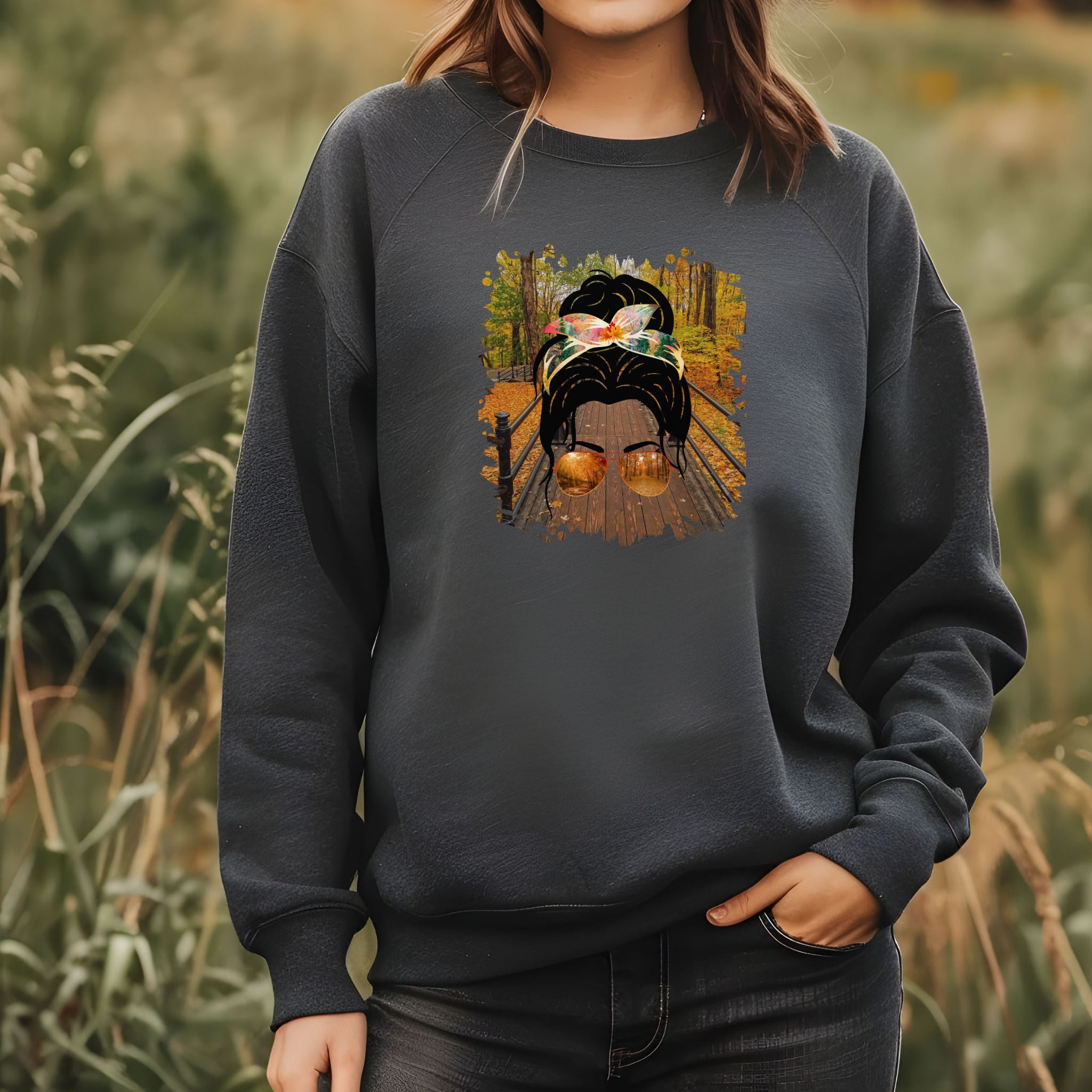 Fall Hike, Dark Hair Messy Bun, Unisex Heavy Blend™ Crewneck Sweatshirt