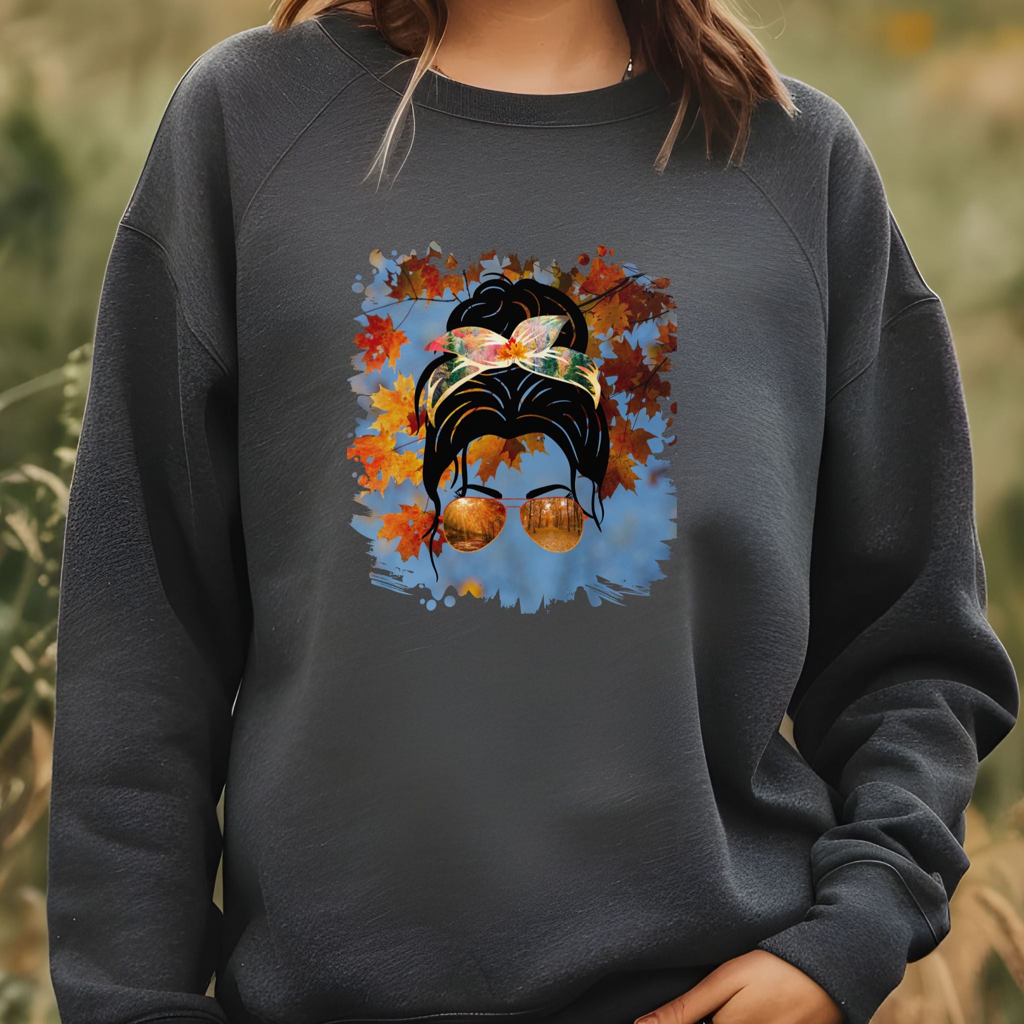 Fall Sky, Dark Hair Messy Bun, Unisex Heavy Blend™ Crewneck Sweatshirt