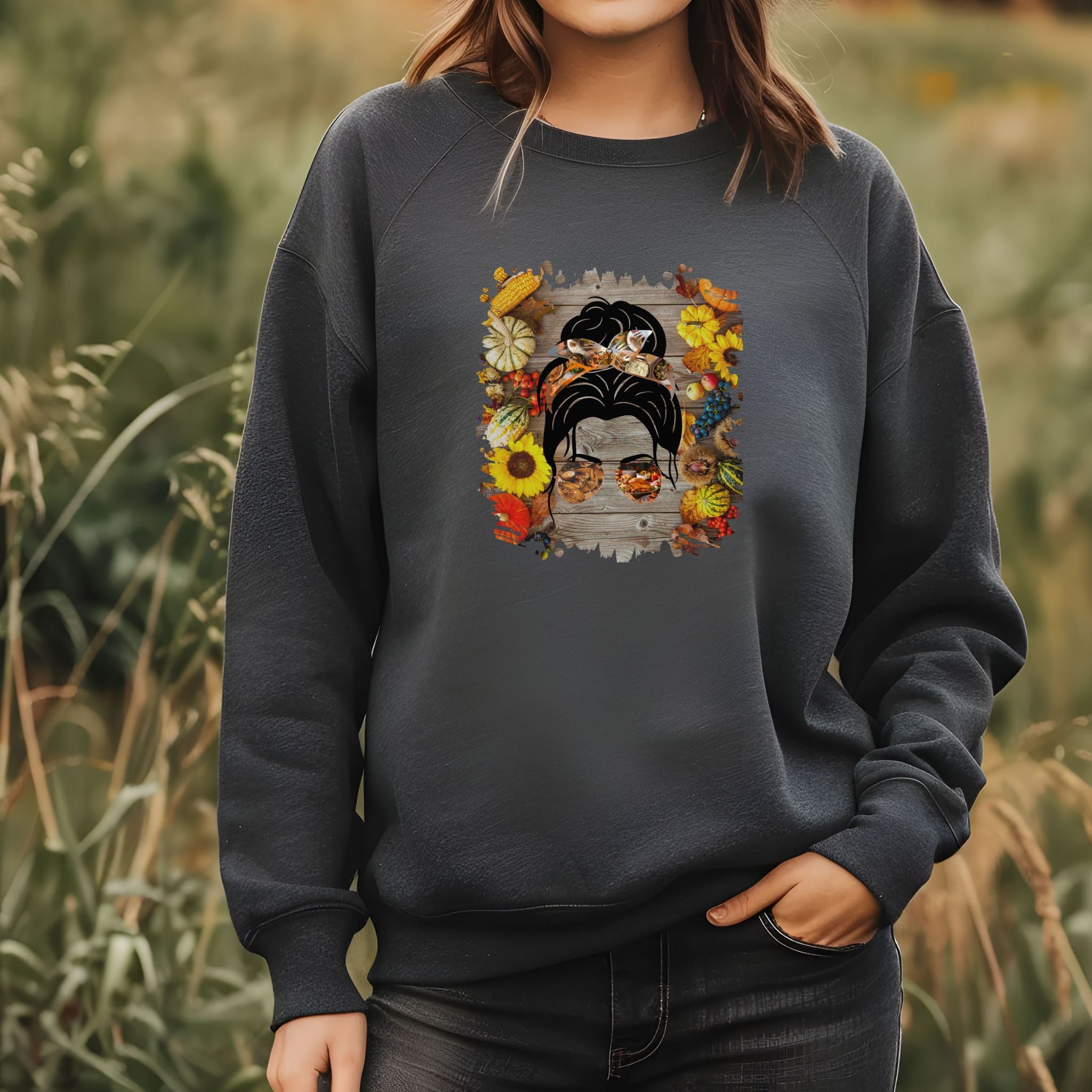 Decorated Background, Dark Hair Messy Bun, Unisex Heavy Blend™ Crewneck Sweatshirt