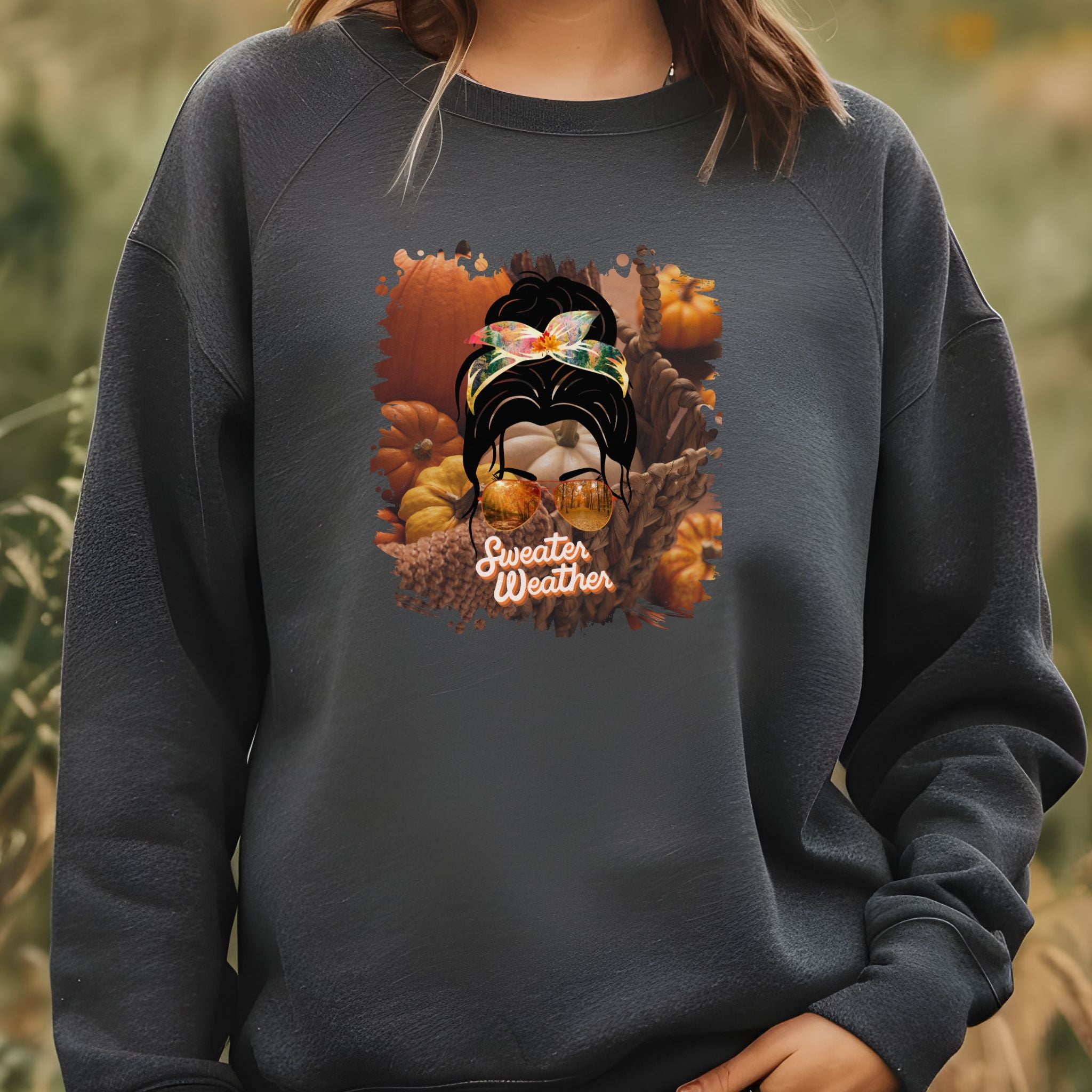 Sweater Weather Fall Pumpkins, Dark Hair Messy Bun, Unisex Heavy Blend™ Crewneck Sweatshirt