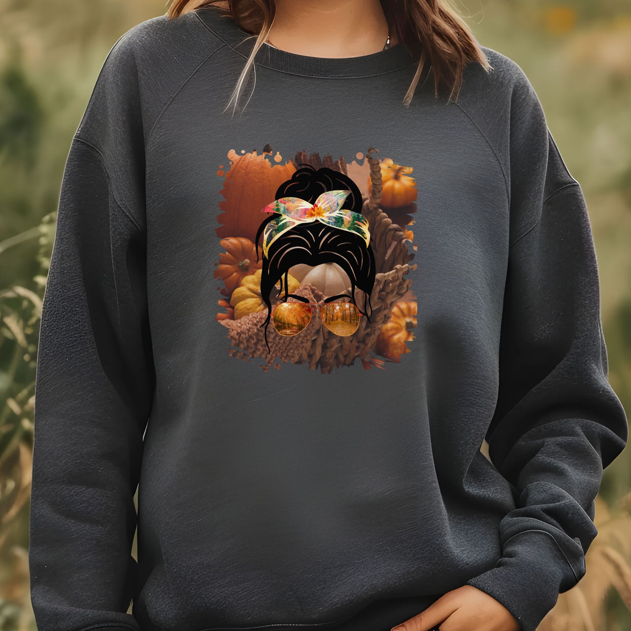 Fall Pumpkins, Dark Hair Messy Bun, Unisex Heavy Blend™ Crewneck Sweatshirt