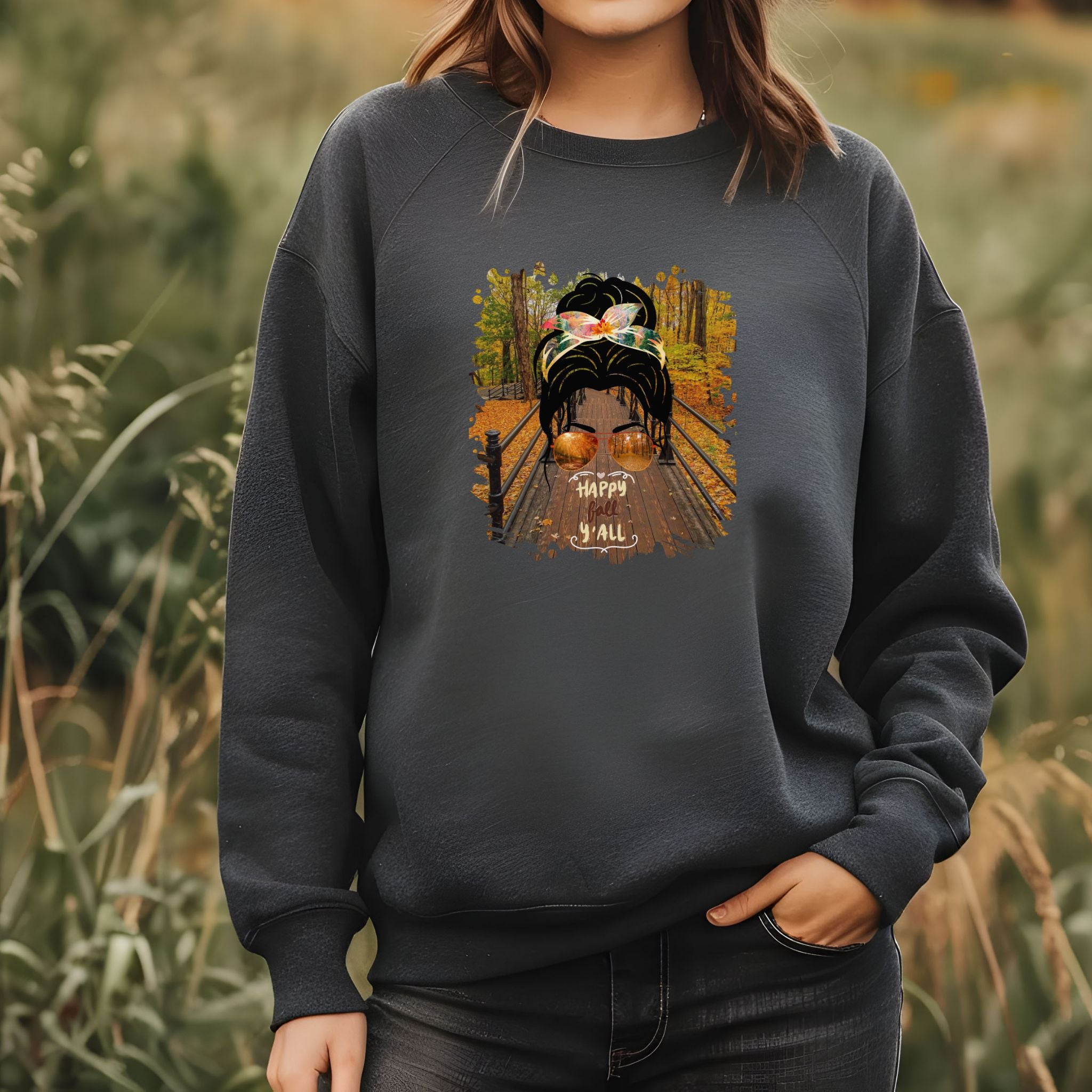 Happy Fall Y'all Fall Hike, Dark Hair Messy Bun, Unisex Heavy Blend™ Crewneck Sweatshirt