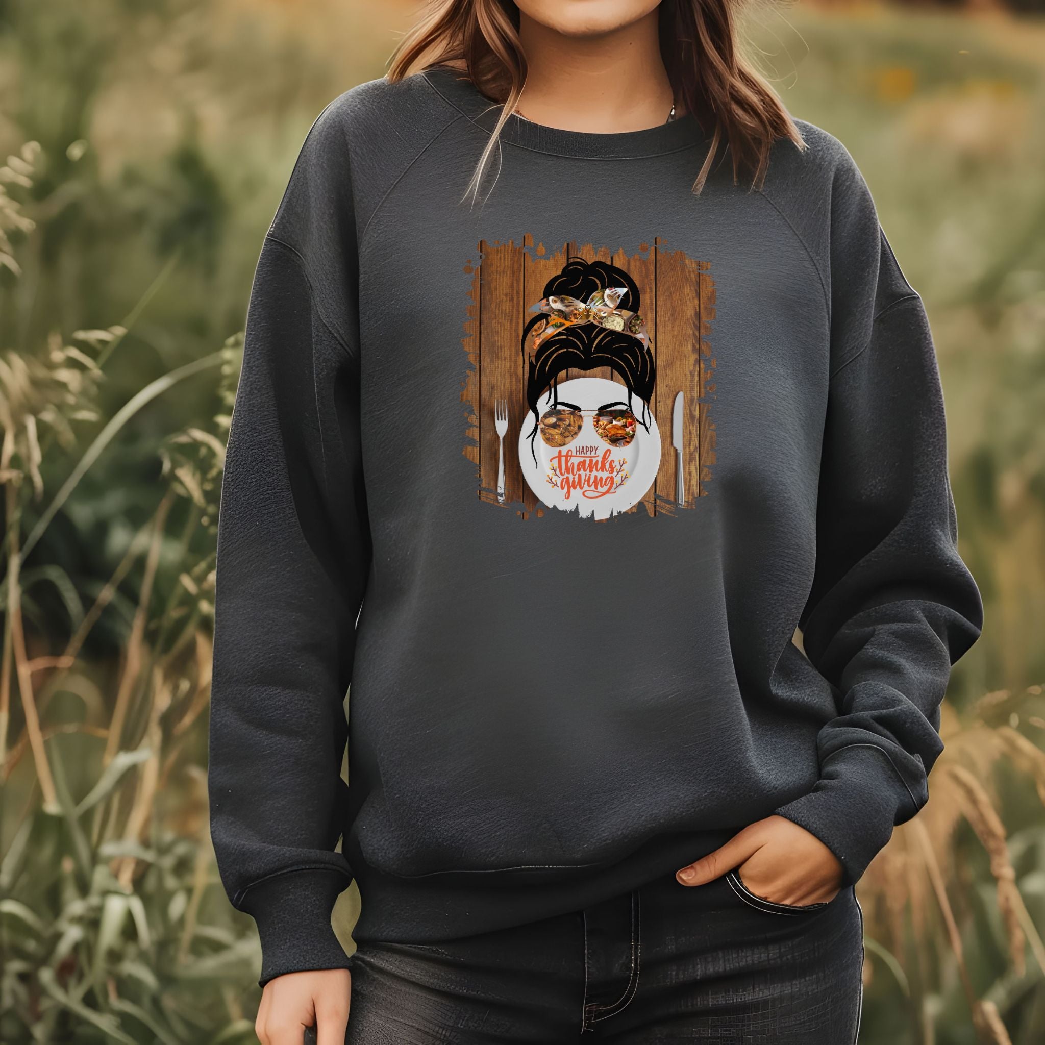 Happy Thanksgiving Plate Setting, Dark Hair Messy Bun, Unisex Heavy Blend™ Crewneck Sweatshirt