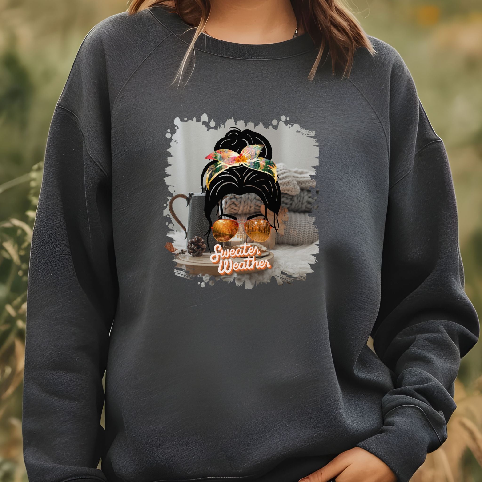 Sweater Weather Fall Sweater, Dark Hair Messy Bun, Unisex Heavy Blend™ Crewneck Sweatshirt