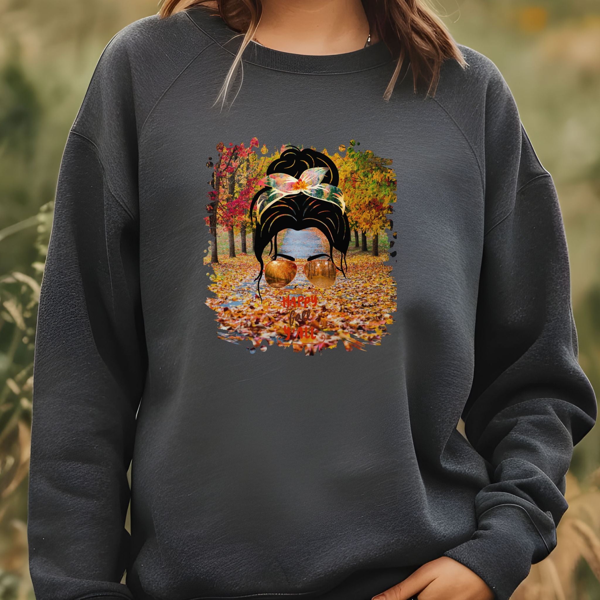 Happy Fall Y'all Fall Trail, Dark Hair Messy Bun, Unisex Heavy Blend™ Crewneck Sweatshirt