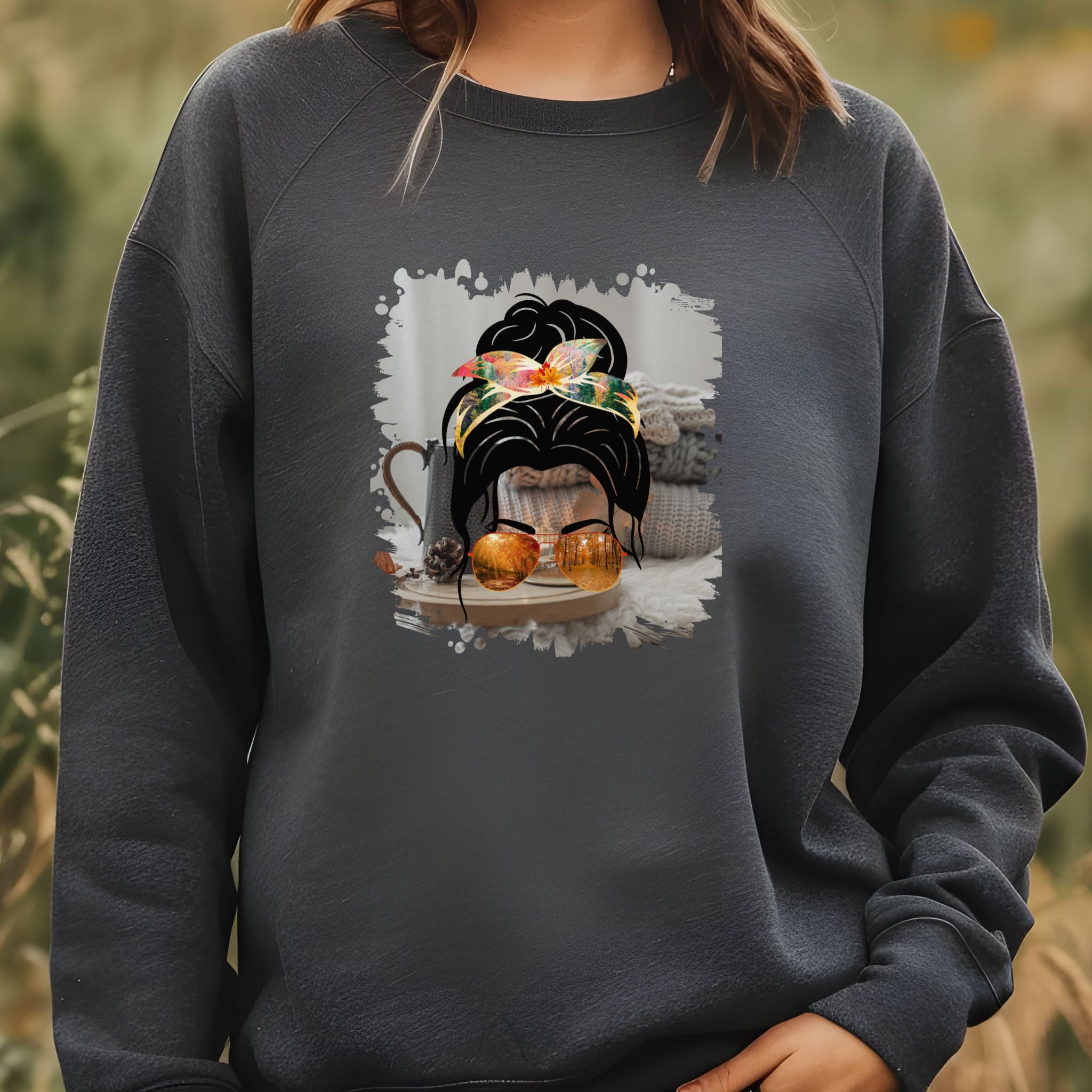 Fall Sweater, Dark Hair Messy Bun, Unisex Heavy Blend™ Crewneck Sweatshirt