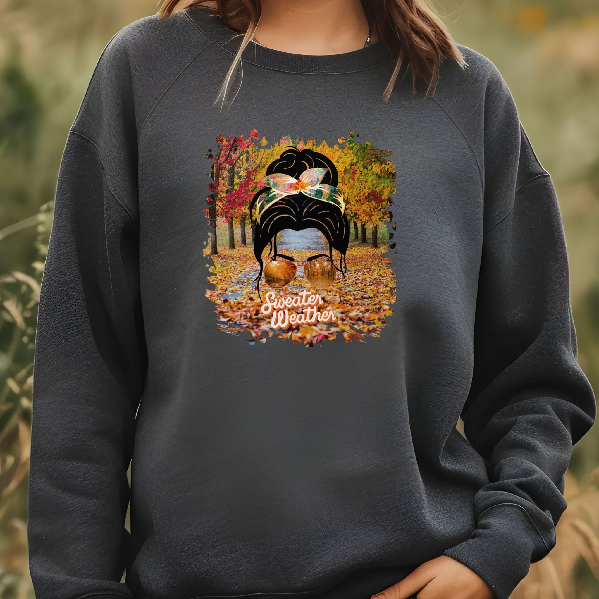 Sweater Weather Fall Trail, Dark Hair Messy Bun, Unisex Heavy Blend™ Crewneck Sweatshirt