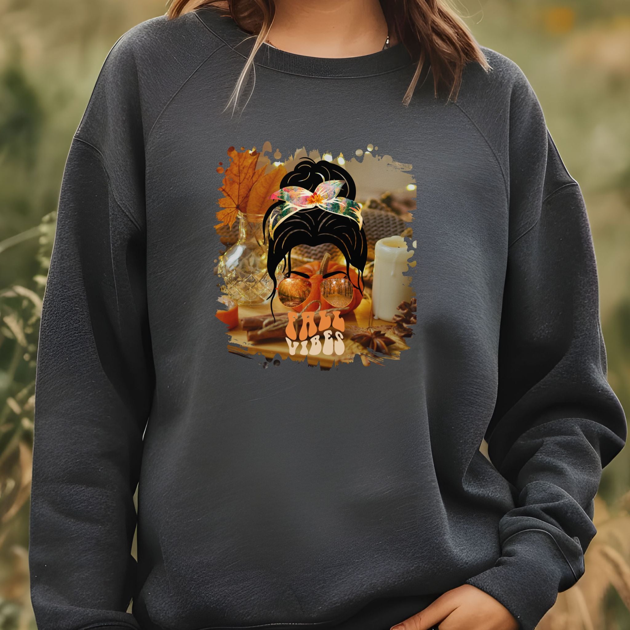 Fall Vibes Fall Home, Dark Hair Messy Bun, Unisex Heavy Blend™ Crewneck Sweatshirt