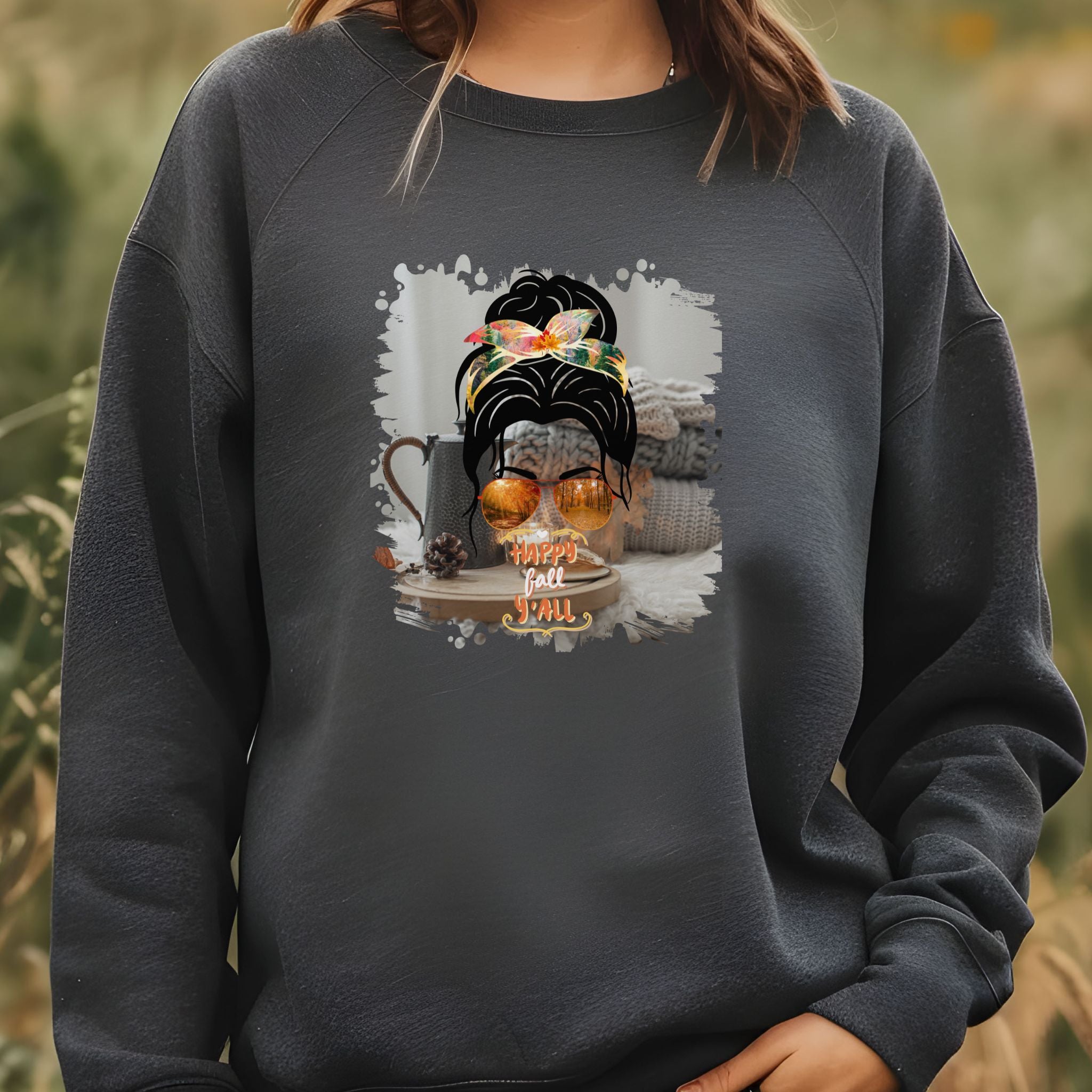 Happy Fall Y'all Fall Sweater, Dark Hair Messy Bun, Unisex Heavy Blend™ Crewneck Sweatshirt