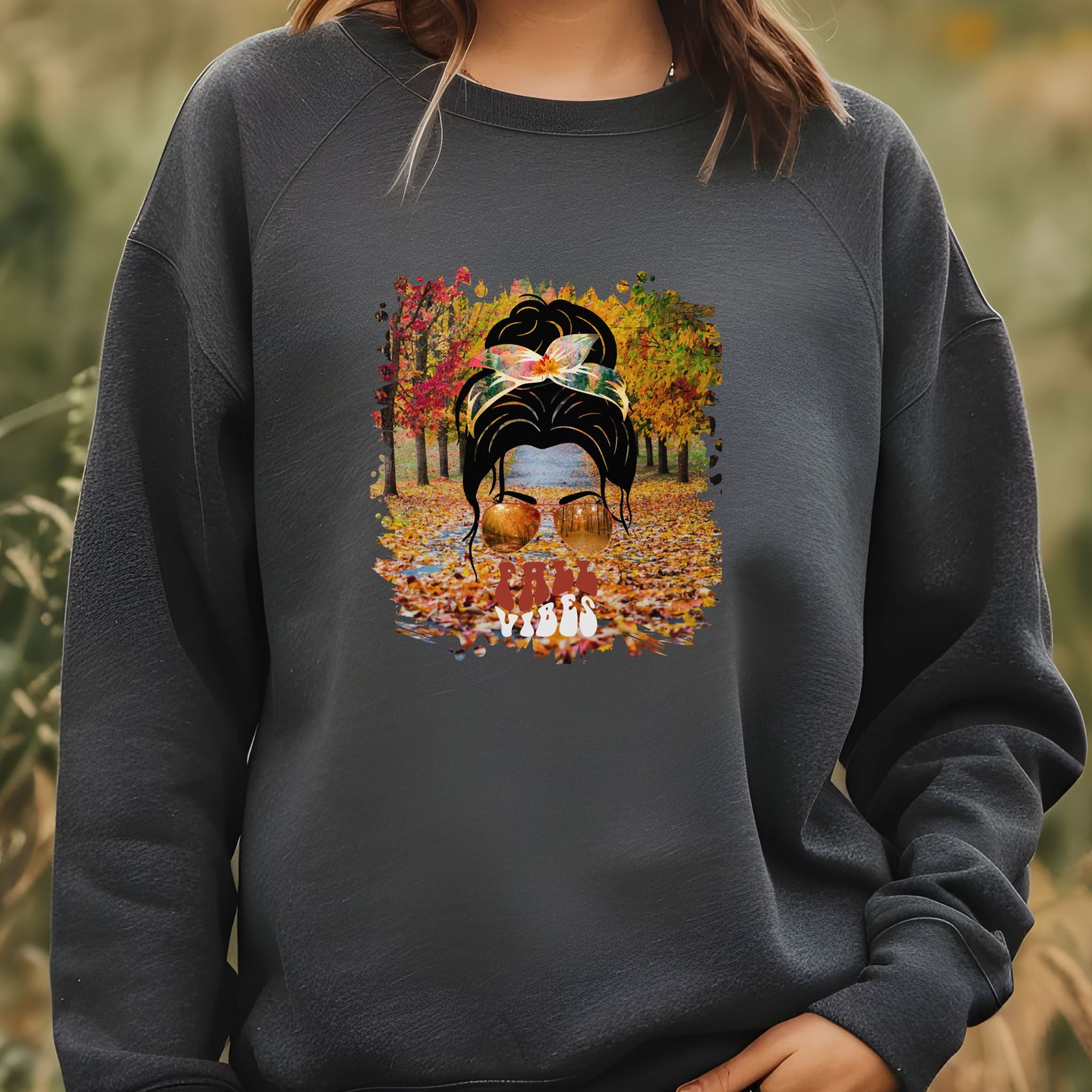 Fall Vibes Fall Trail, Dark Hair Messy Bun, Unisex Heavy Blend™ Crewneck Sweatshirt