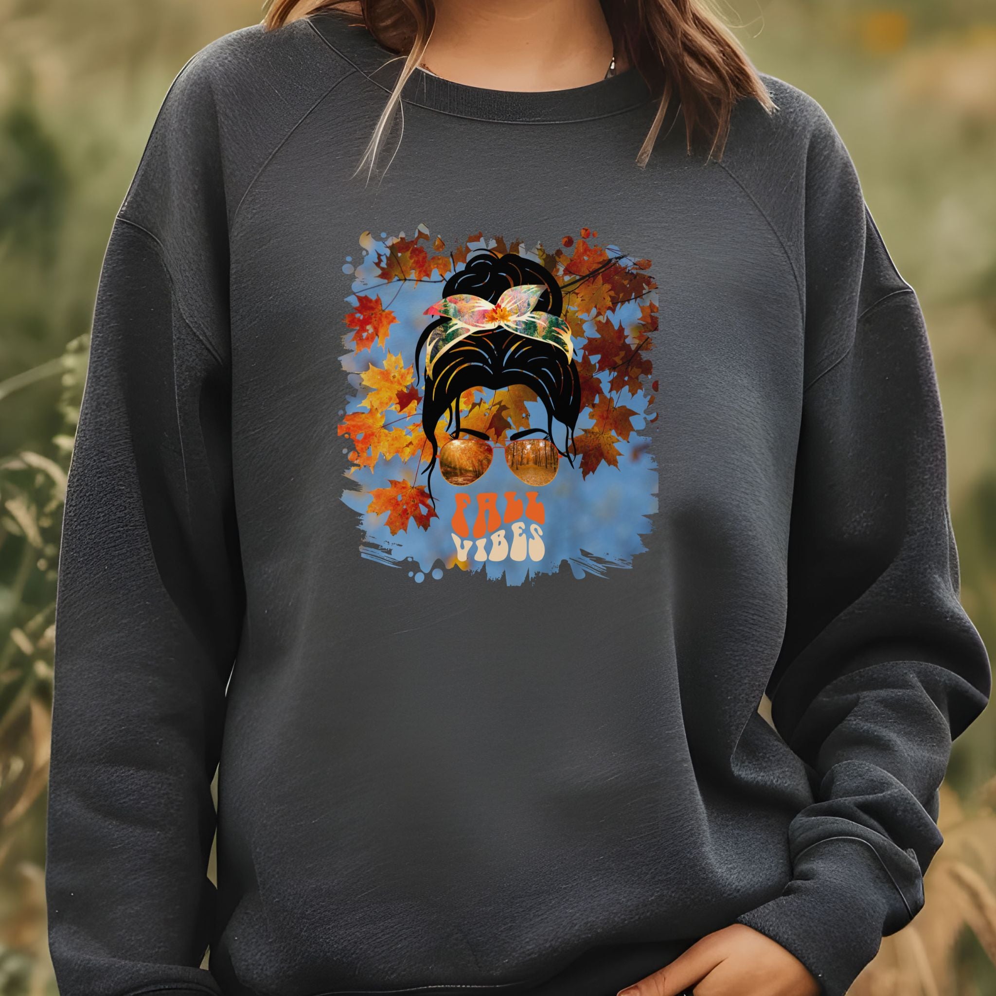 Fall Vibes Fall Sky, Dark Hair Messy Bun, Unisex Heavy Blend™ Crewneck Sweatshirt