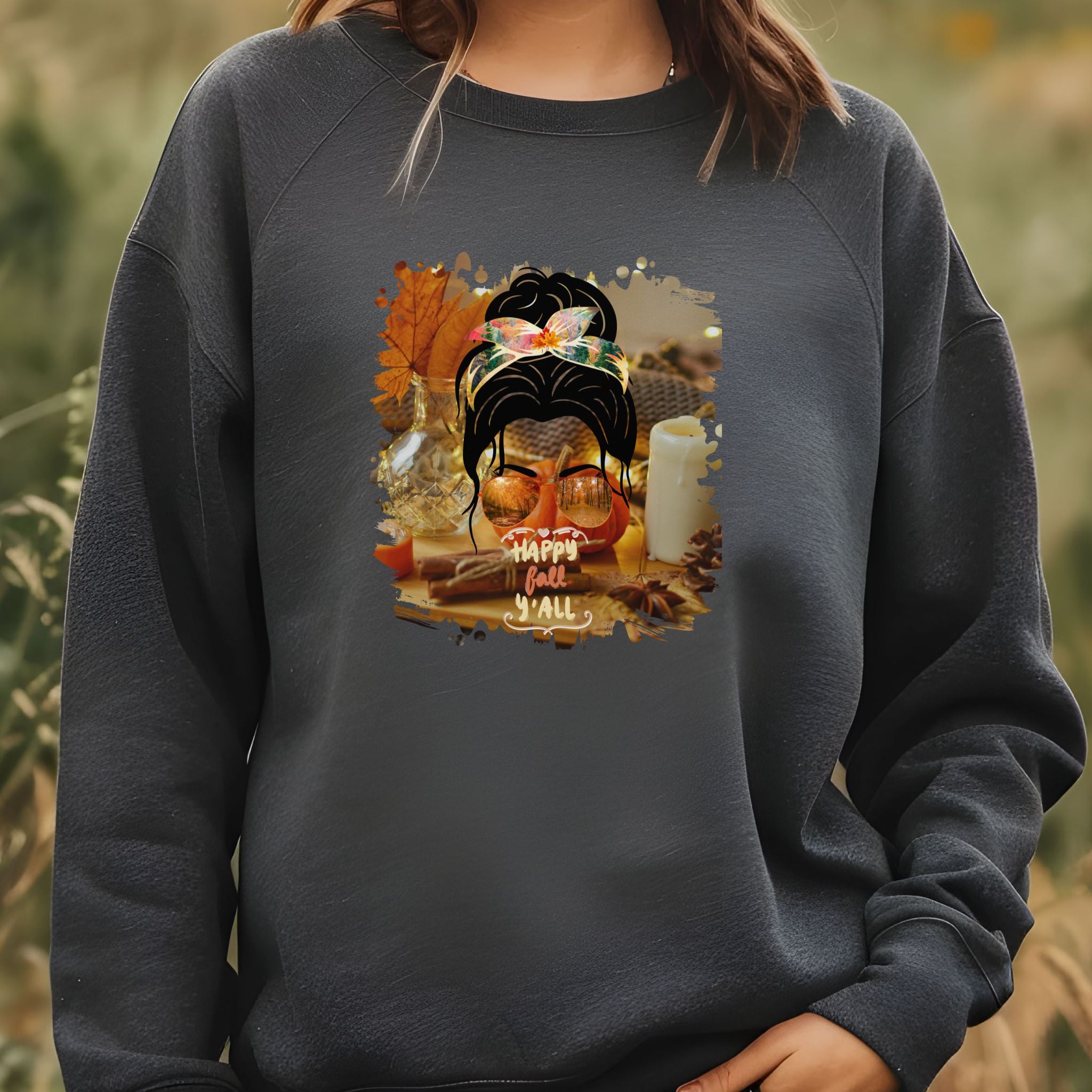 Happy Fall Y'all Fall Home, Dark Hair Messy Bun, Unisex Heavy Blend™ Crewneck Sweatshirt