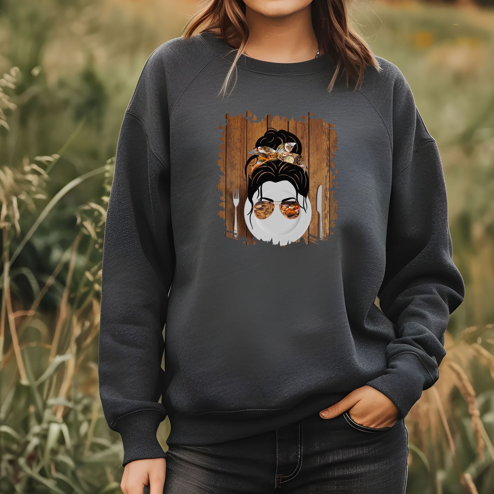 Plate Setting, Dark Hair Messy Bun, Unisex Heavy Blend™ Crewneck Sweatshirt