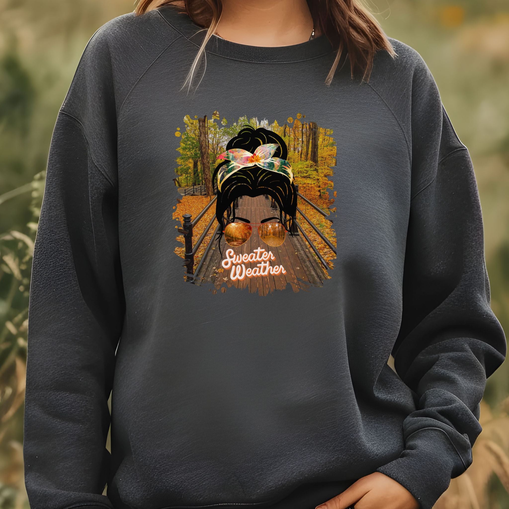 Sweater Weather Fall Hike, Dark Hair Messy Bun, Unisex Heavy Blend™ Crewneck Sweatshirt