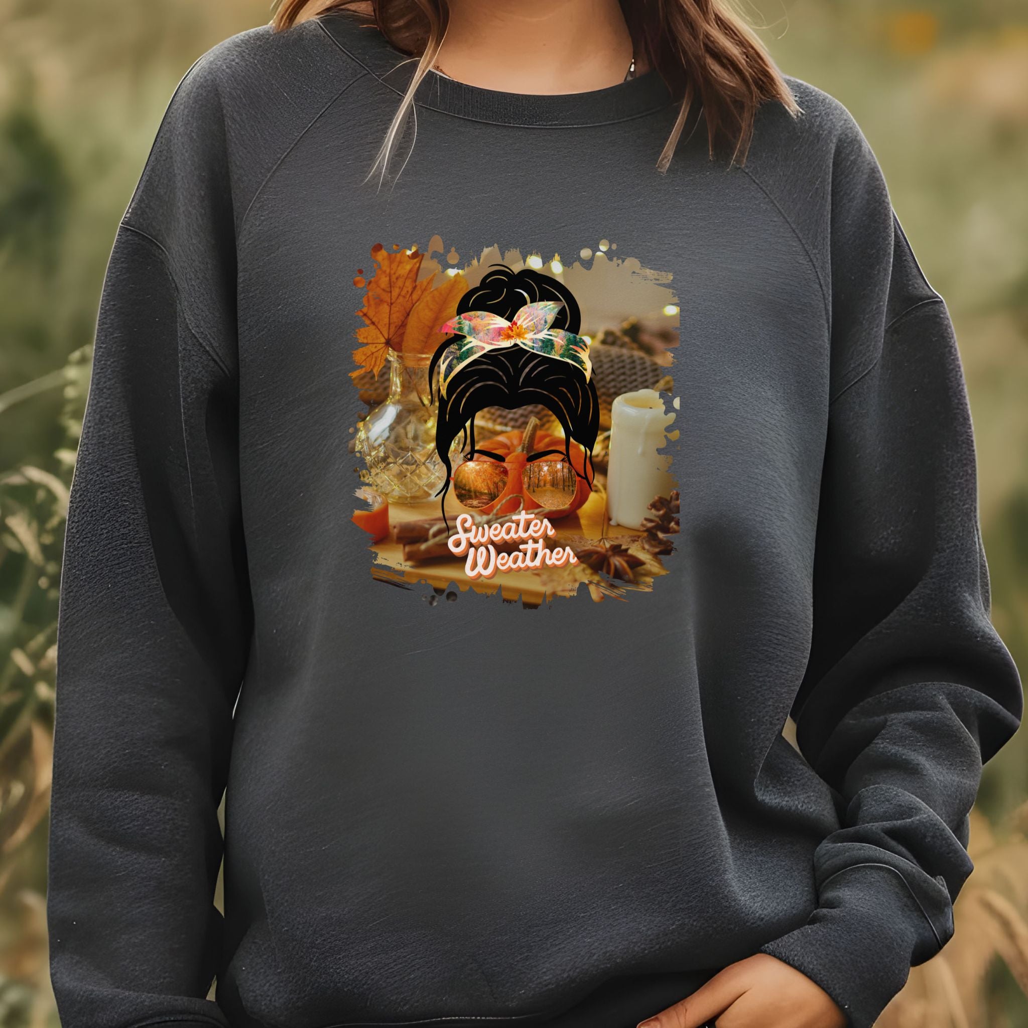 Sweater Weather Fall Home, Dark Hair Messy Bun, Unisex Heavy Blend™ Crewneck Sweatshirt