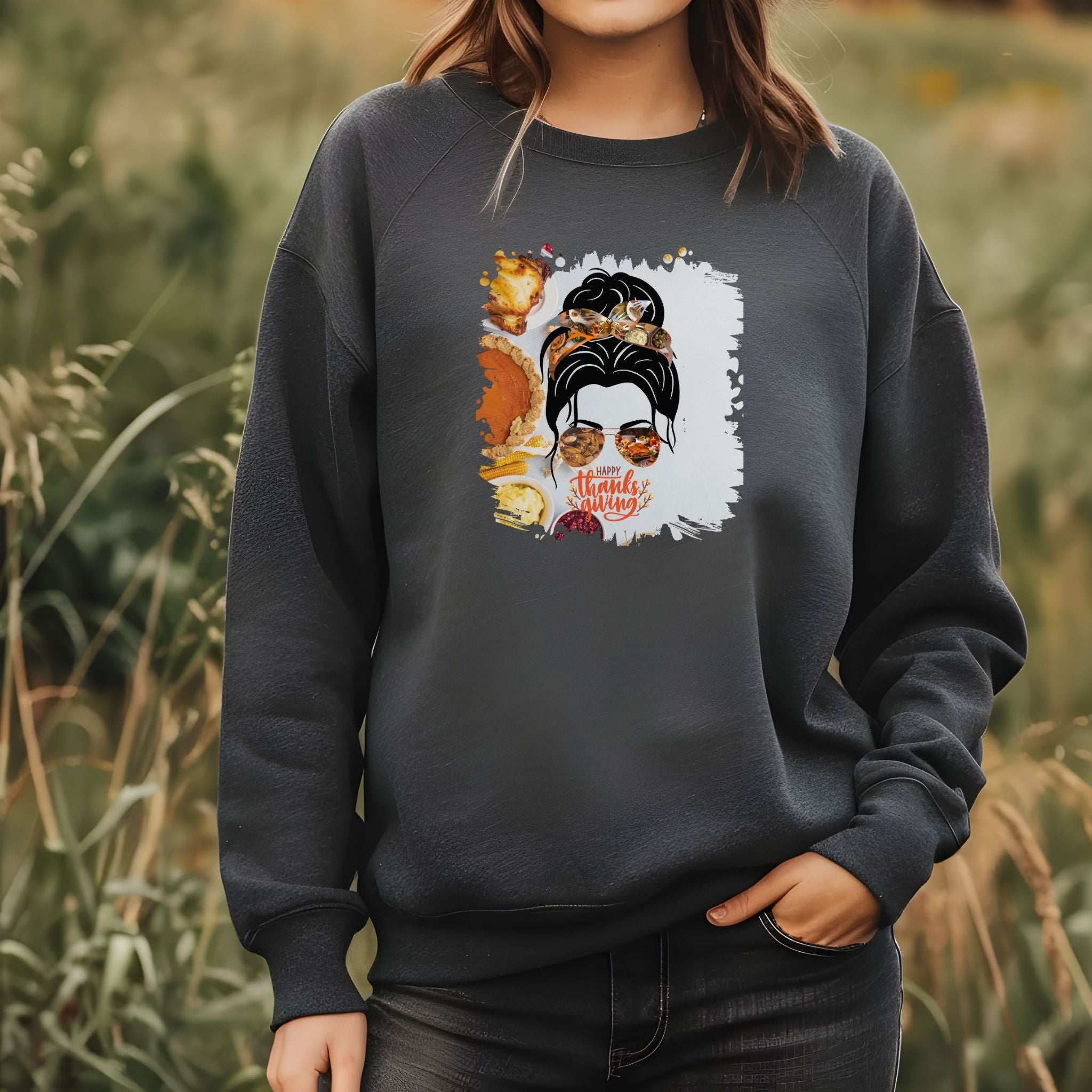 Happy Thanksgiving, Thanksgiving Pie, Dark Hair Messy Bun, Unisex Heavy Blend™ Crewneck Sweatshirt