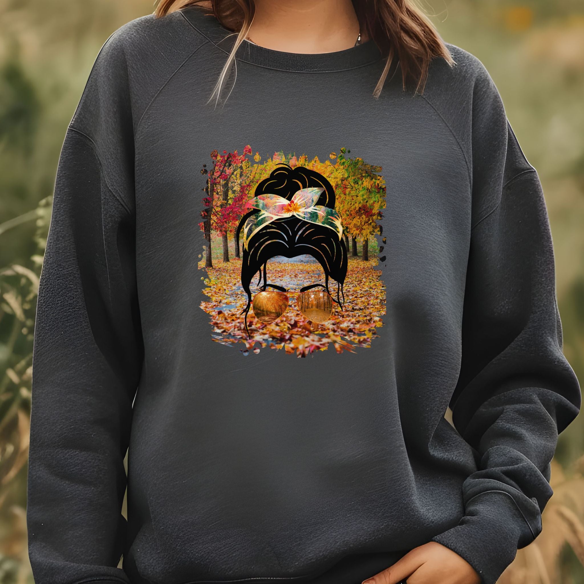 Fall Trail, Dark Hair Messy Bun, Unisex Heavy Blend™ Crewneck Sweatshirt