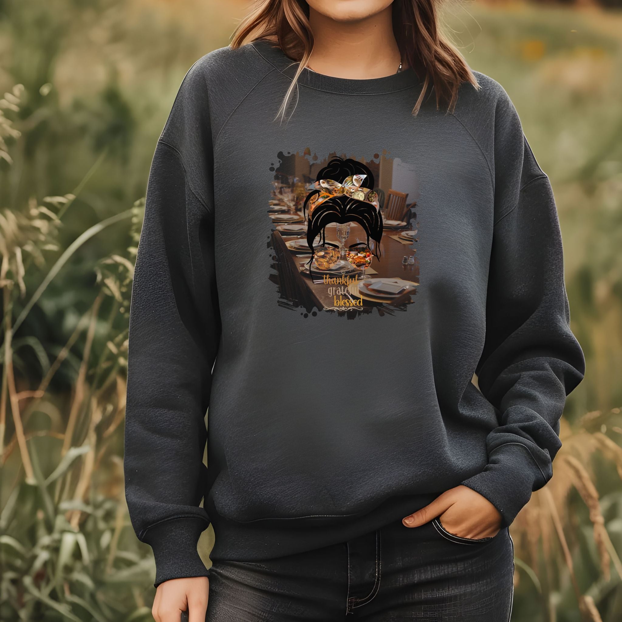 Thankful Grateful Blessed Table Setting, Dark Hair Messy Bun, Unisex Heavy Blend™ Crewneck Sweatshirt