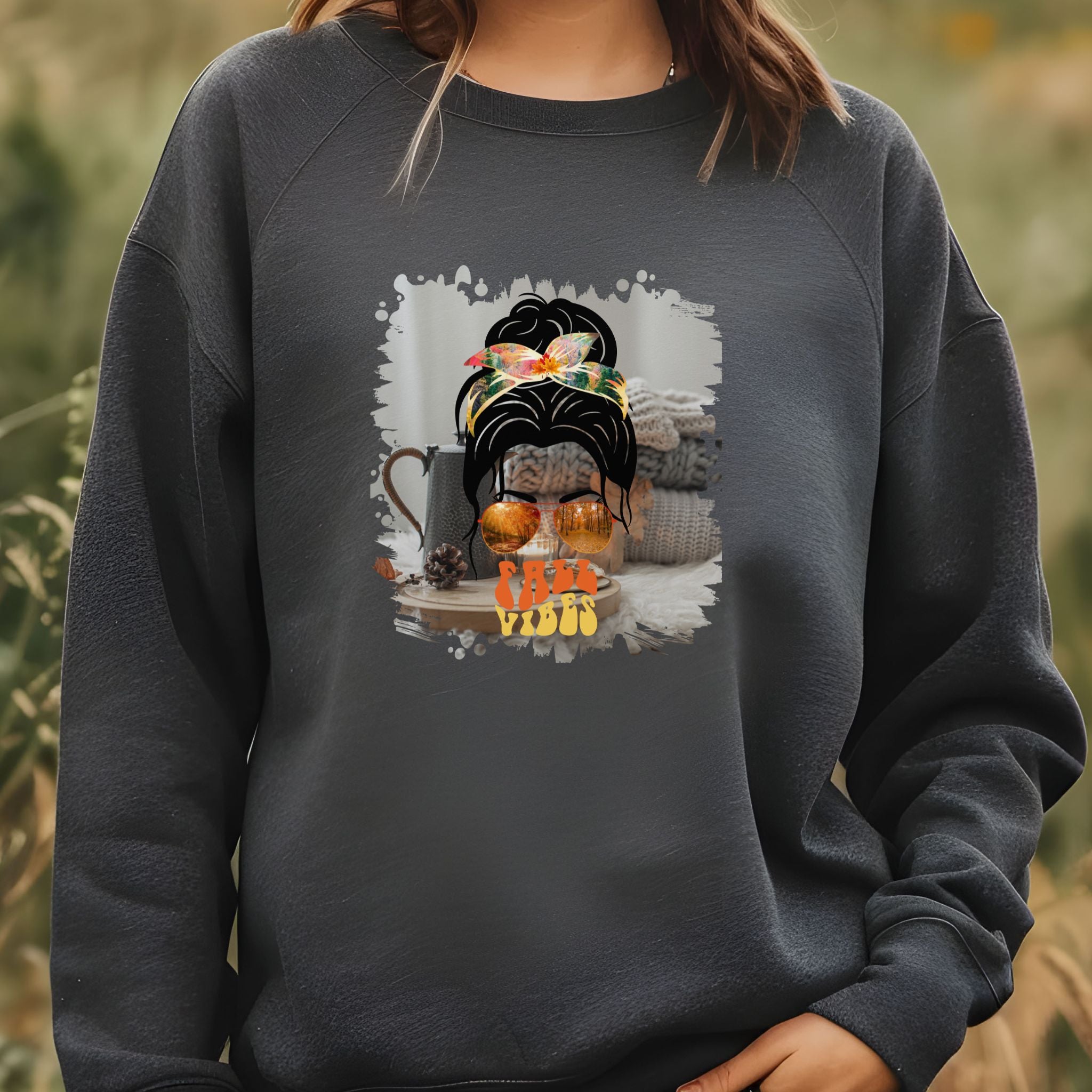 Fall Vibes Fall Sweater, Dark Hair Messy Bun, Unisex Heavy Blend™ Crewneck Sweatshirt