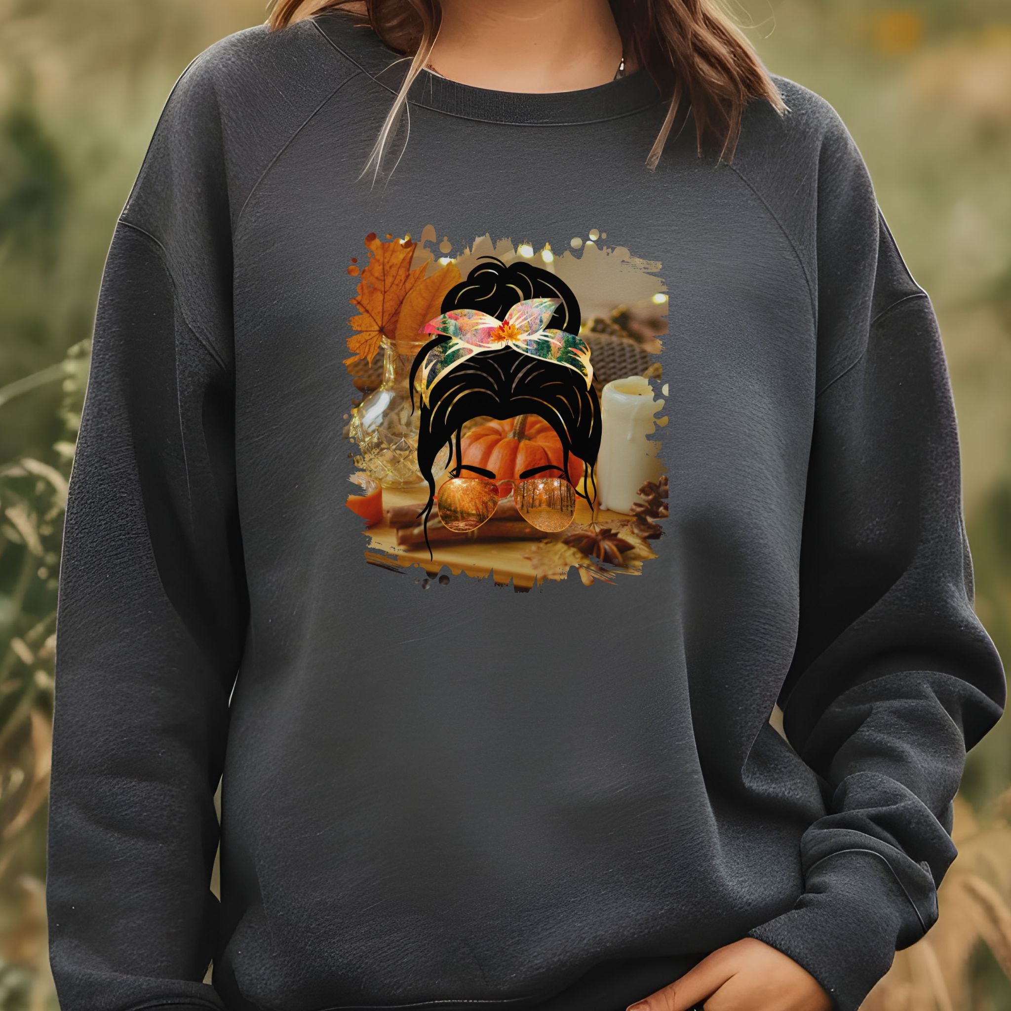 Fall Home, Dark Hair Messy Bun, Unisex Heavy Blend™ Crewneck Sweatshirt