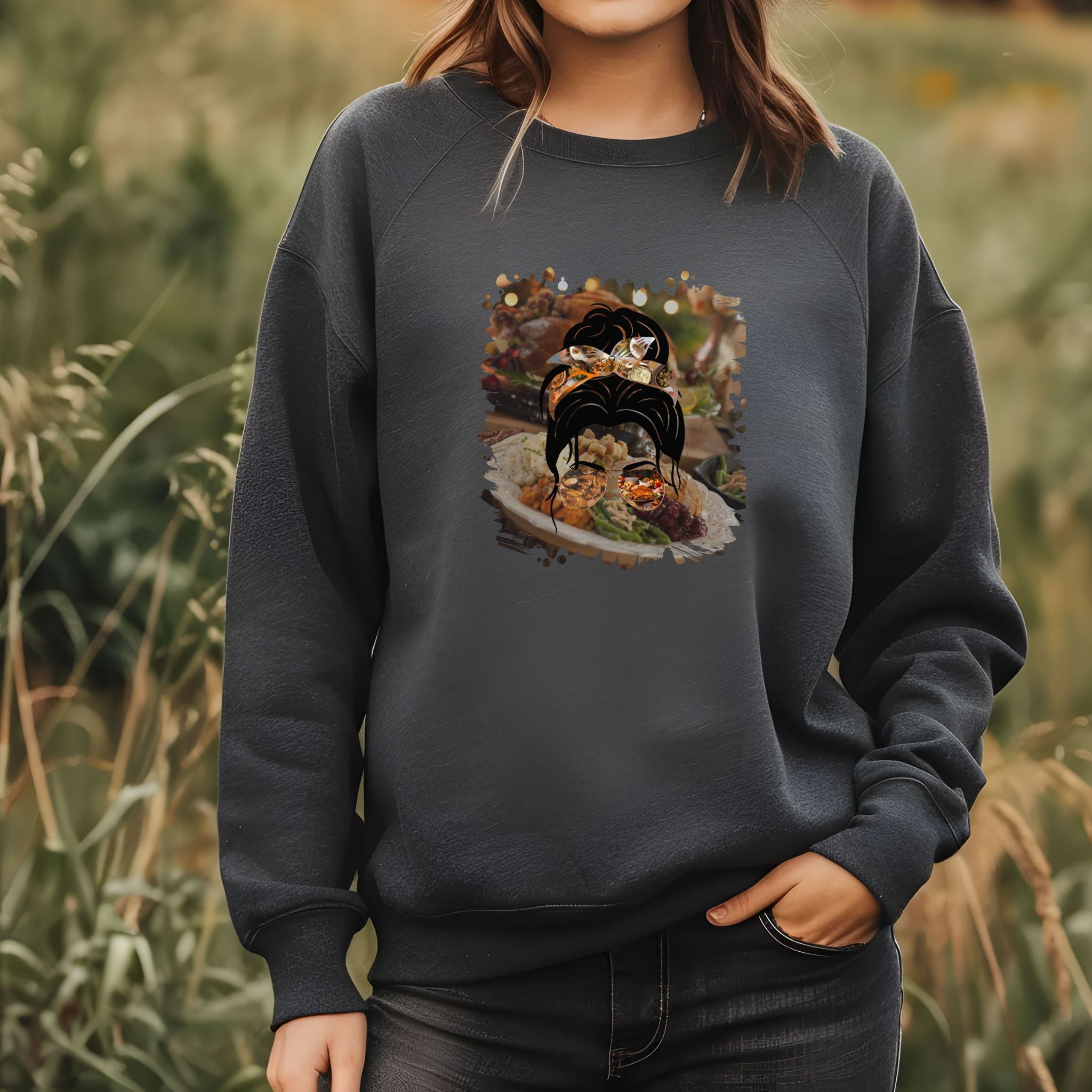 Thanksgiving Dinner, Dark Hair Messy Bun, Unisex Heavy Blend™ Crewneck Sweatshirt