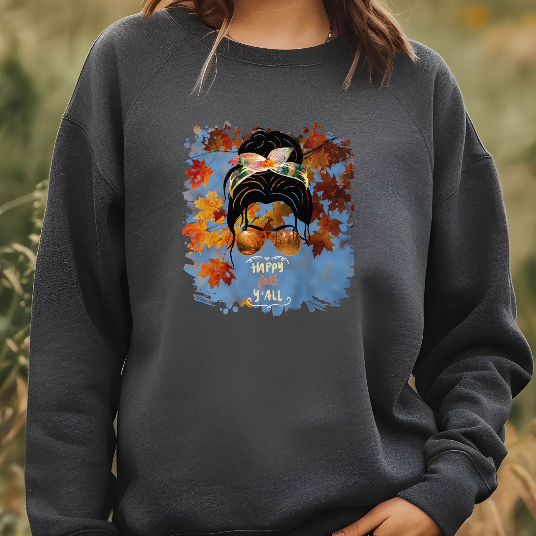 Happy Fall Y'all Fall Sky, Dark Hair Messy Bun, Unisex Heavy Blend™ Crewneck Sweatshirt