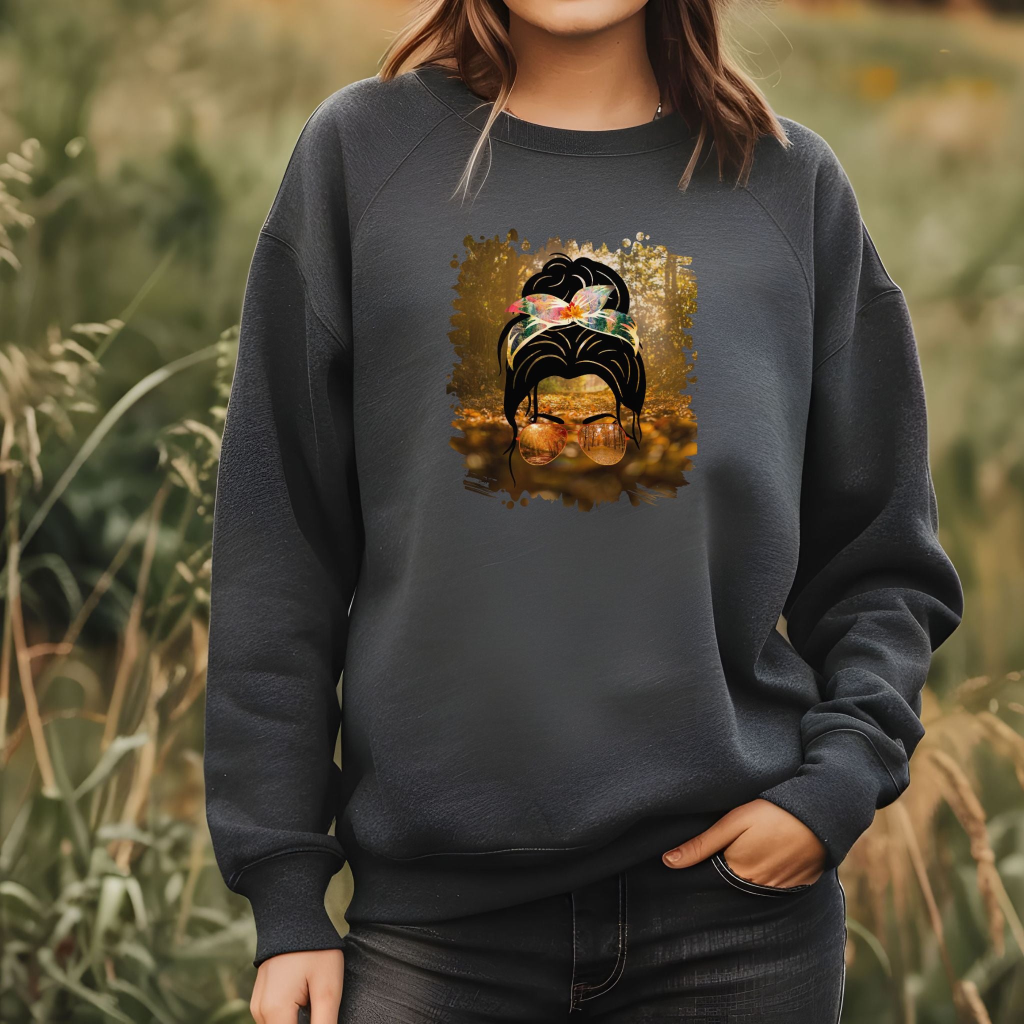 Fall Forest, Dark Hair Messy Bun, Unisex Heavy Blend™ Crewneck Sweatshirt