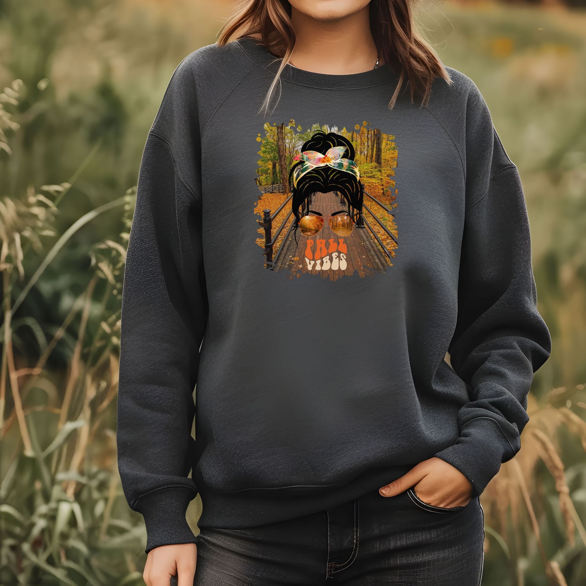 Fall Vibes Fall Hike, Dark Hair Messy Bun, Unisex Heavy Blend™ Crewneck Sweatshirt