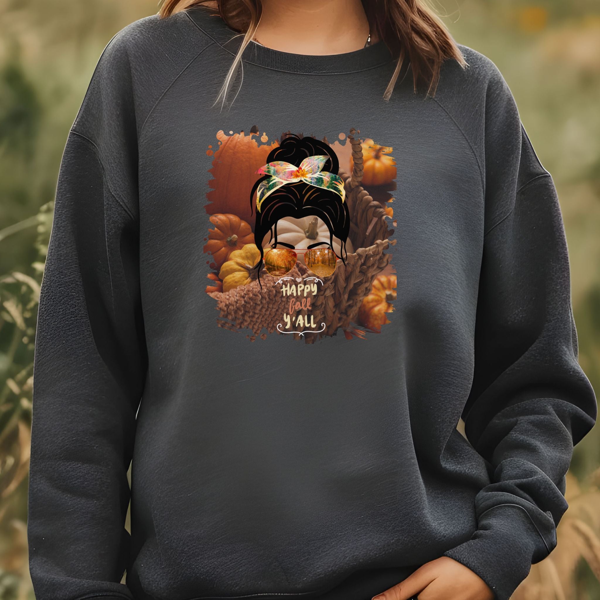 Happy Fall Y'all Fall Pumpkins, Dark Hair Messy Bun, Unisex Heavy Blend™ Crewneck Sweatshirt