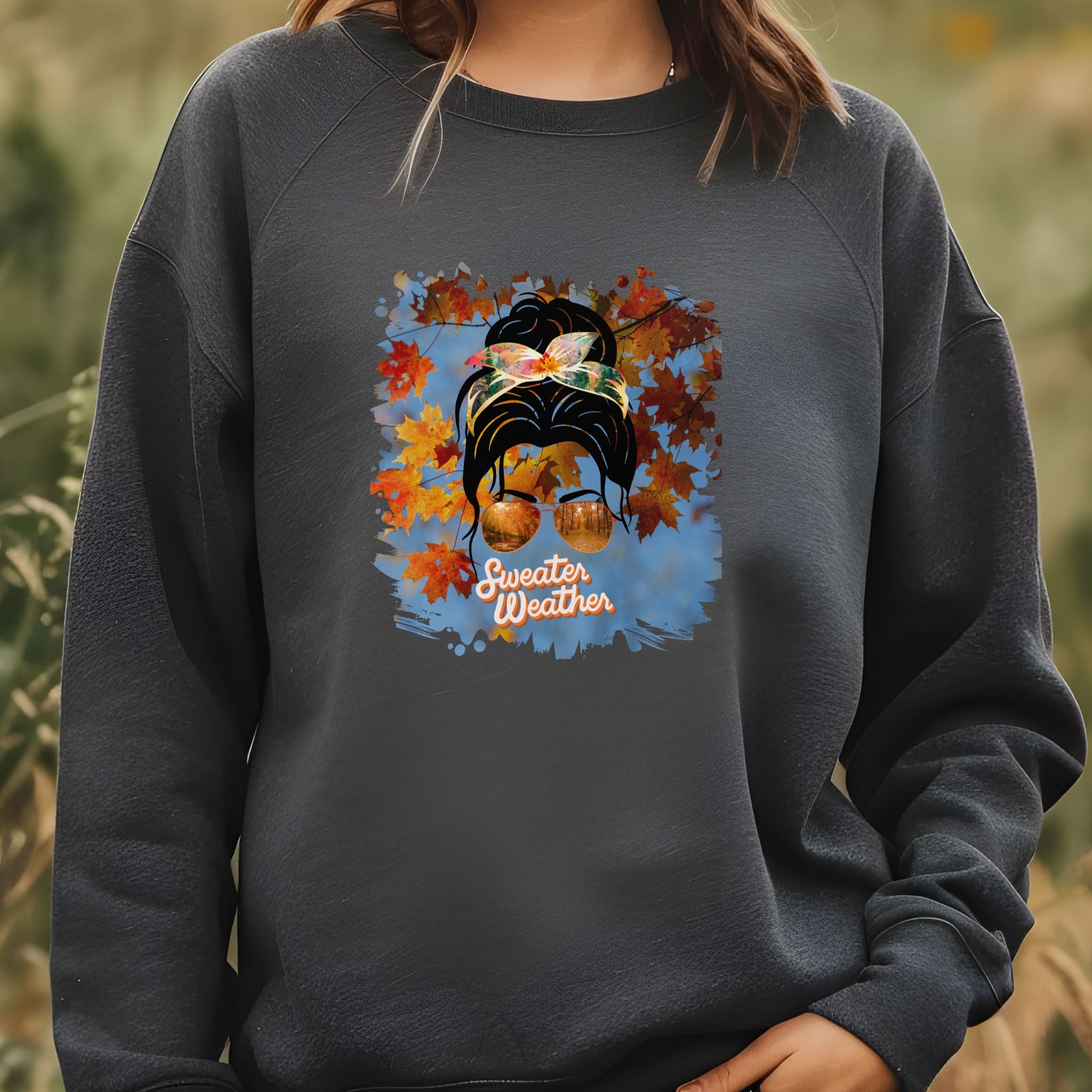 Sweater Weather Fall Sky, Dark Hair Messy Bun, Unisex Heavy Blend™ Crewneck Sweatshirt