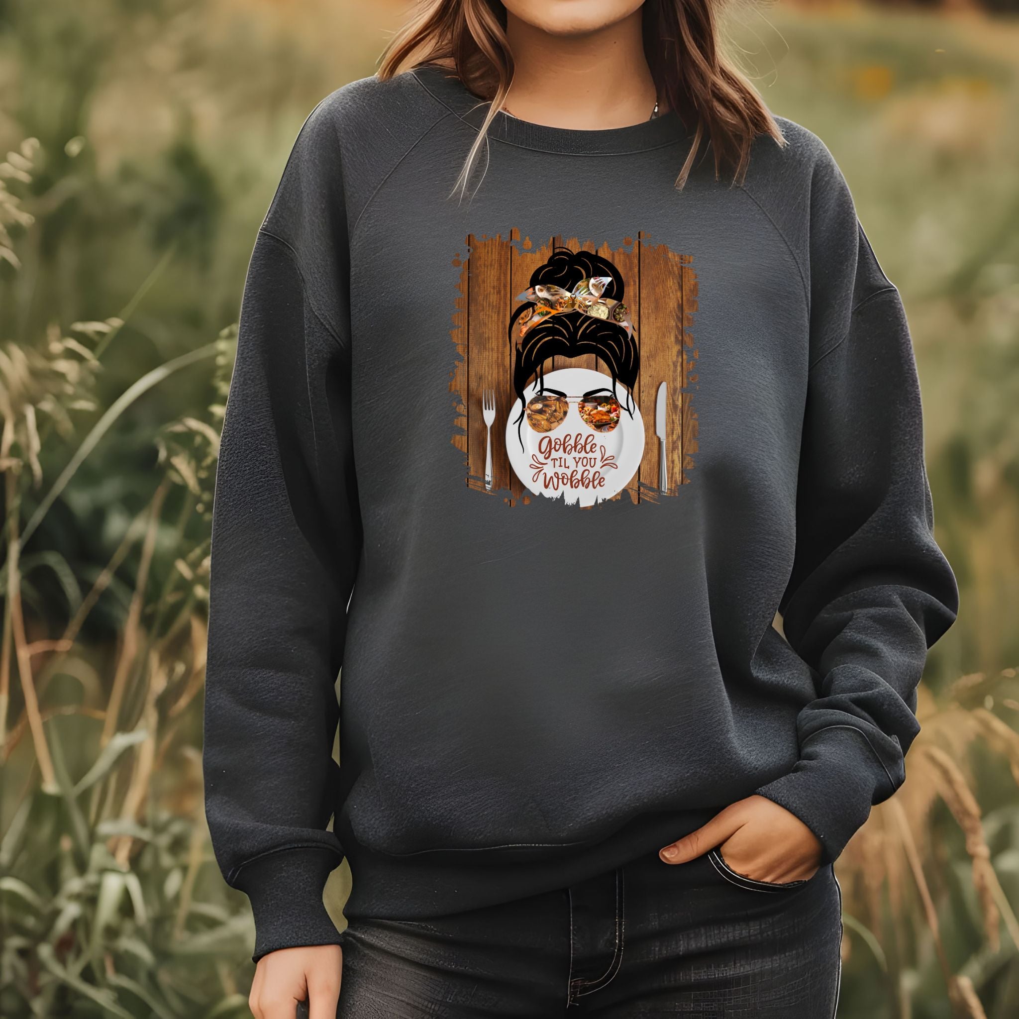 Gobble til You Wobble Plate Setting, Dark Hair Messy Bun, Unisex Heavy Blend™ Crewneck Sweatshirt