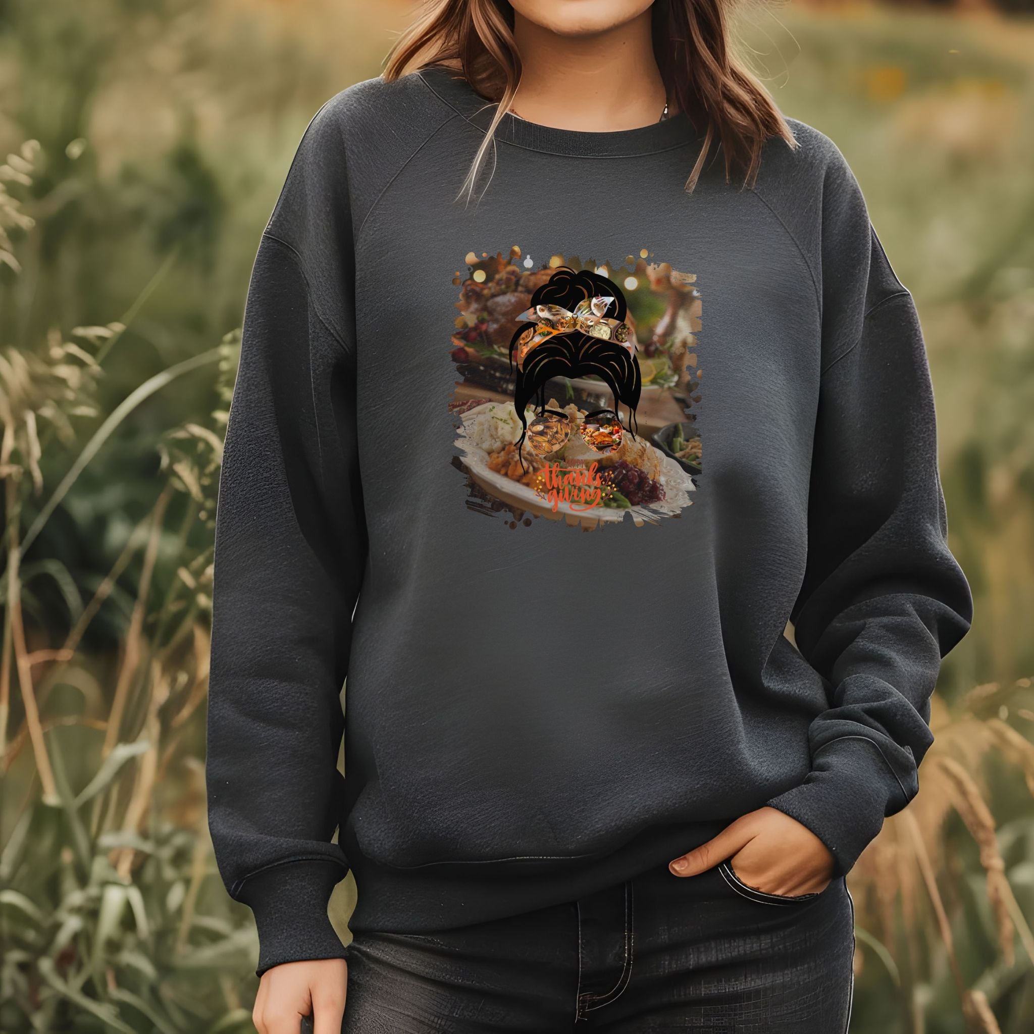 Happy Thanksgiving, Thanksgiving Dinner, Dark Hair Messy Bun, Unisex Heavy Blend™ Crewneck Sweatshirt