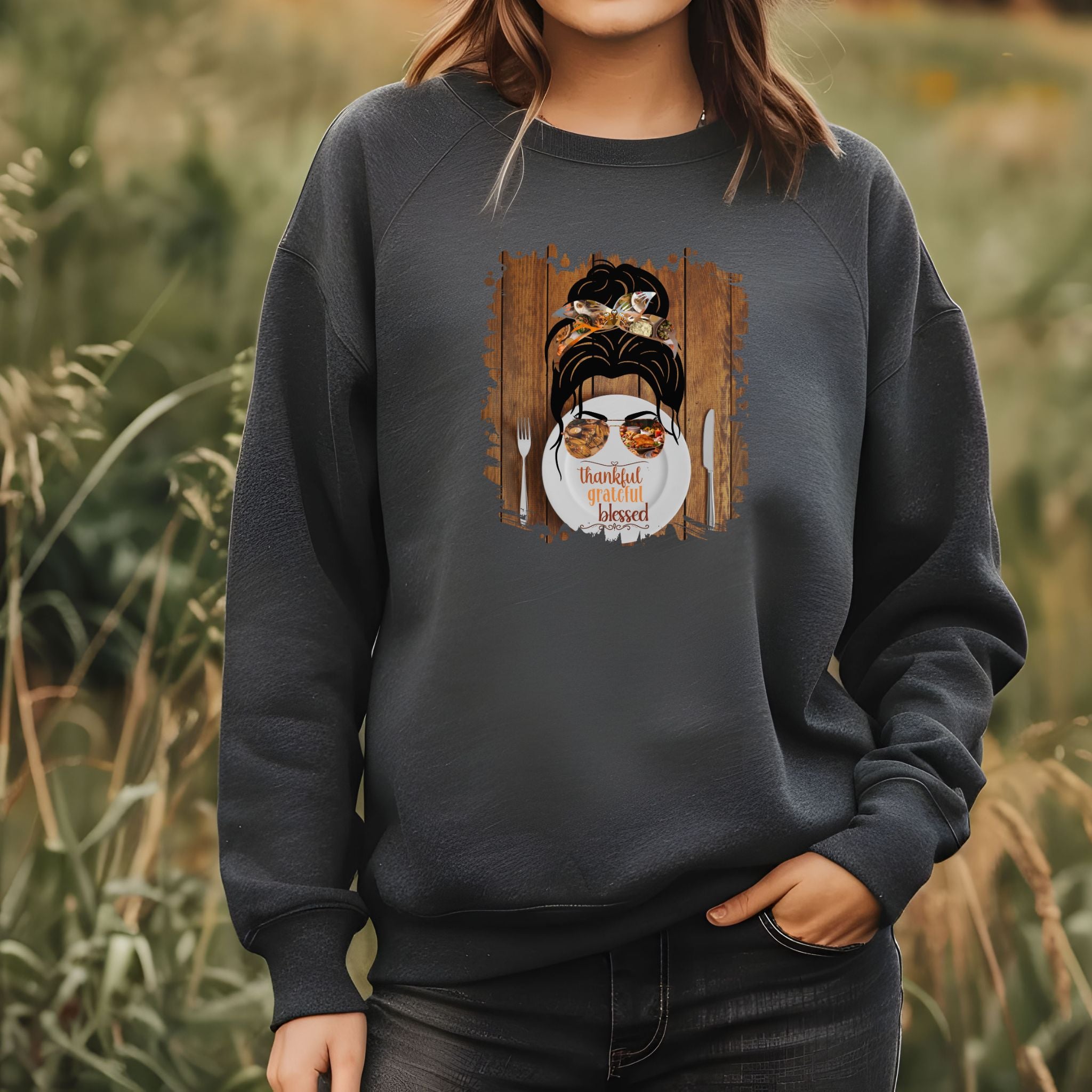 Thankful Grateful Blessed Plate Setting, Dark Hair Messy Bun, Unisex Heavy Blend™ Crewneck Sweatshirt