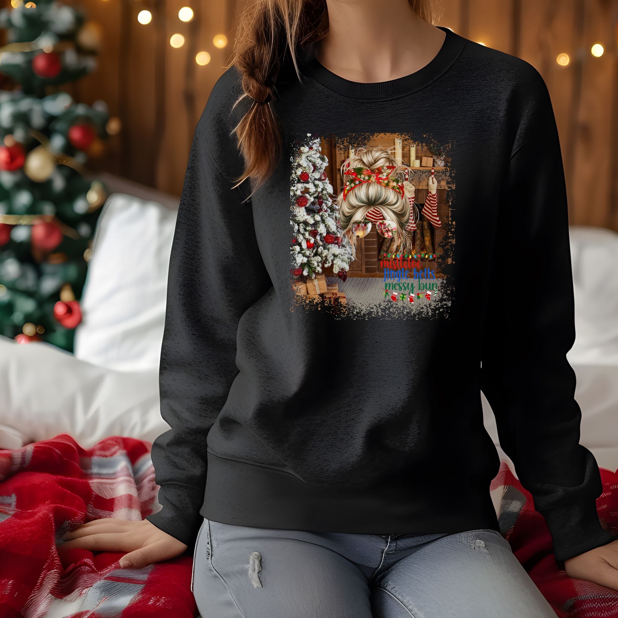 Messy Bun Christmas Home, Blond Hair Messy Bun, Unisex Heavy Blend™ Crewneck Sweatshirt