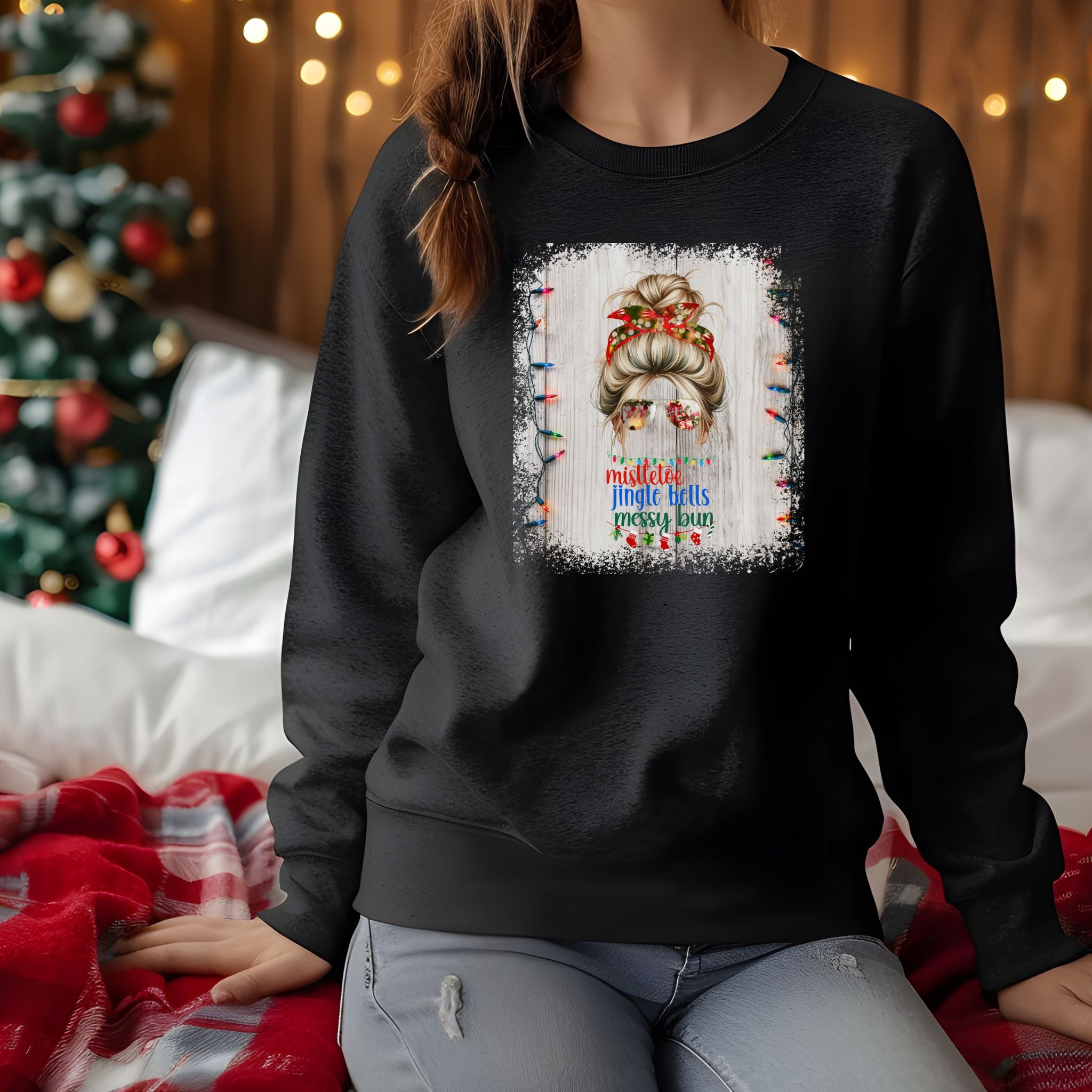 Messy Bun Christmas String Lights, Blond Hair Messy Bun, Unisex Heavy Blend™ Crewneck Sweatshirt