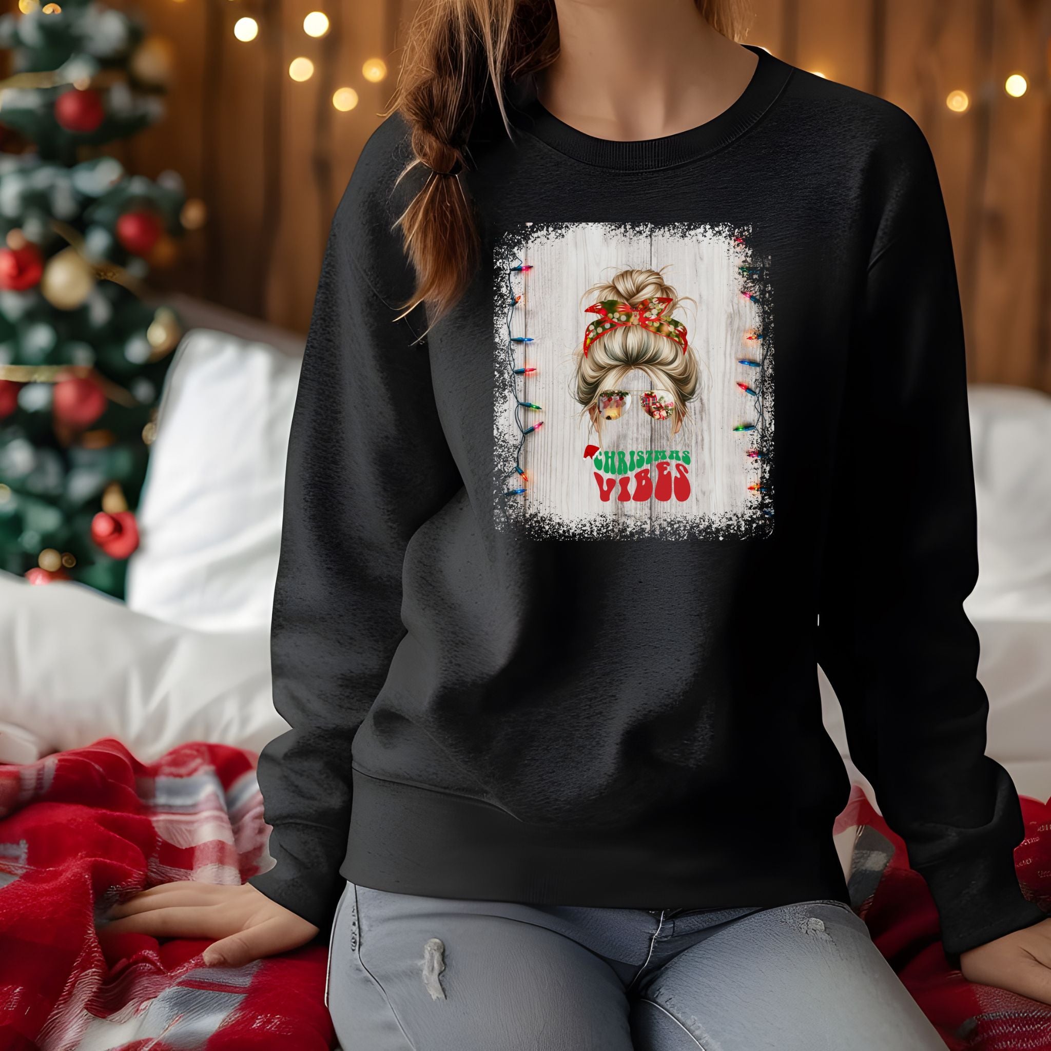 Christmas Vibes Christmas String Lights, Blond Hair Messy Bun, Unisex Heavy Blend™ Crewneck Sweatshirt