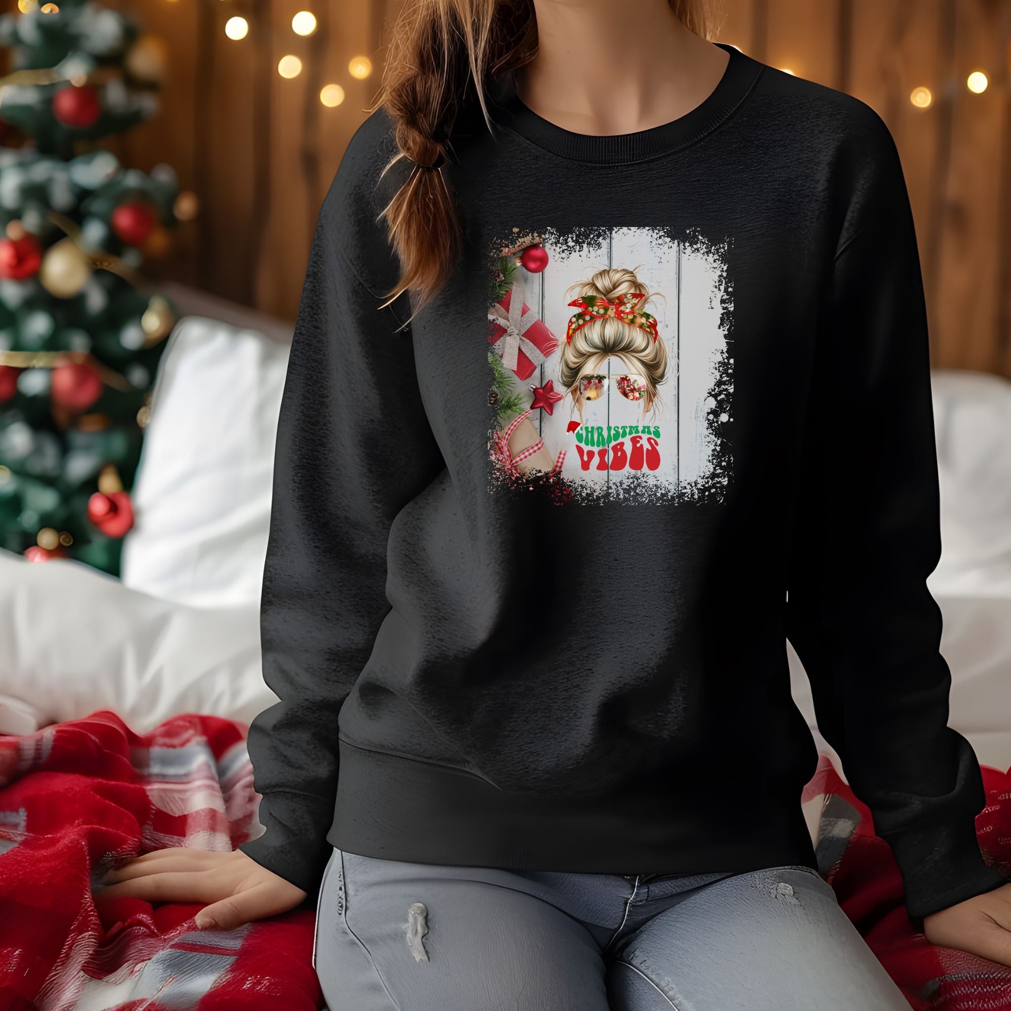 Christmas Vibes Christmas Presents, Blond Hair Messy Bun, Unisex Heavy Blend™ Crewneck Sweatshirt