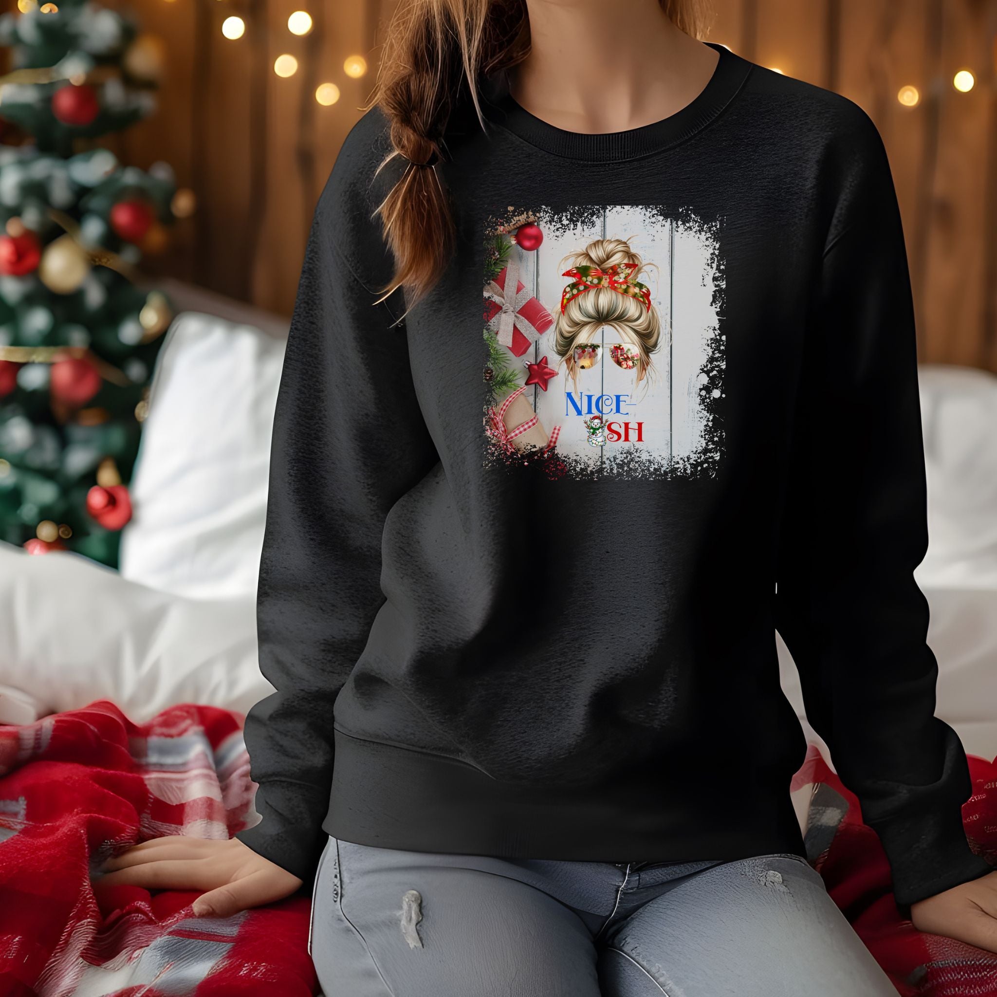 Nice-ish Christmas Presents, Blond Hair Messy Bun, Unisex Heavy Blend™ Crewneck Sweatshirt