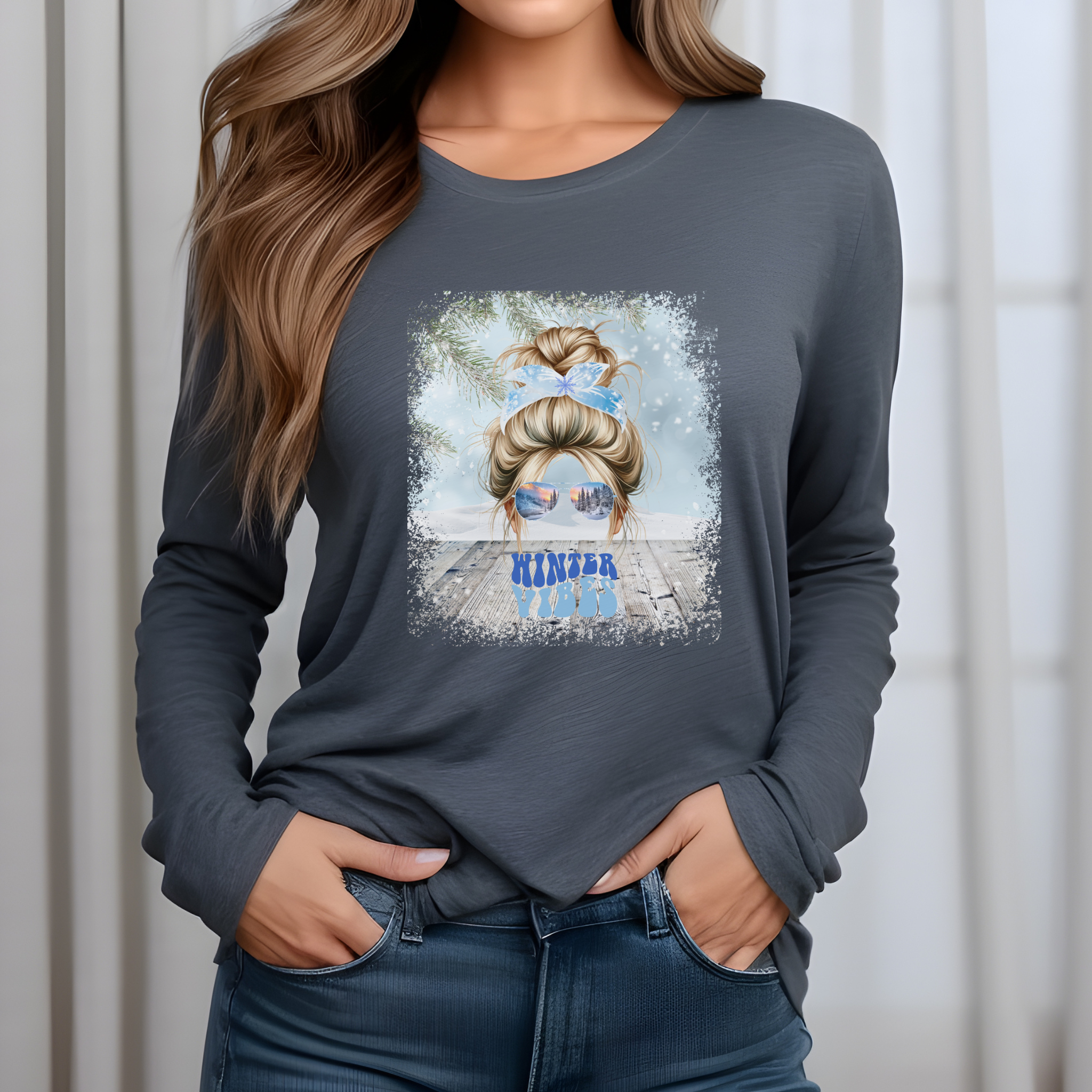 Winter Vibes Winter Snowy Porch, Blond Hair Messy Bun, Unisex Jersey Long Sleeve Tee