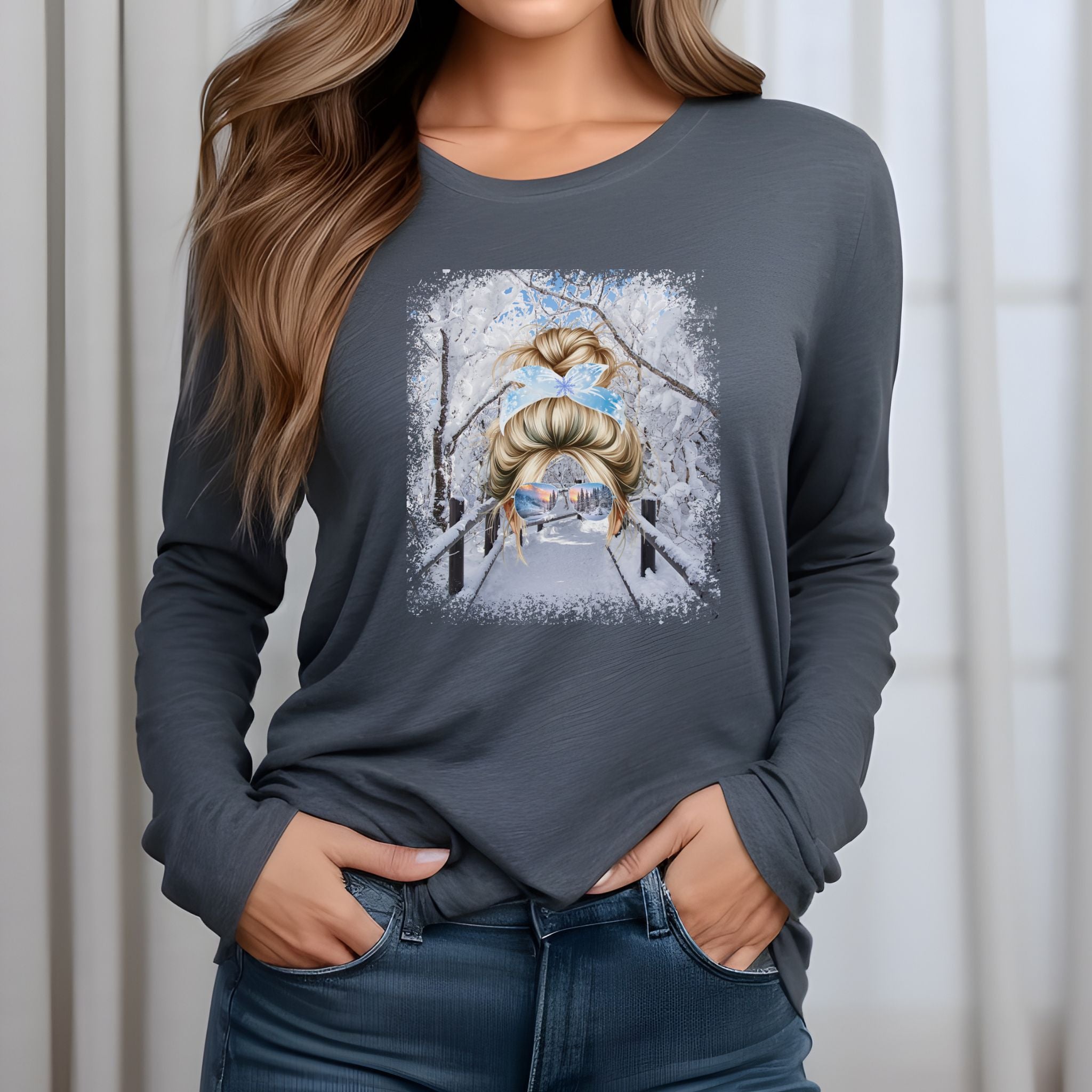 Winter Hike, Blond Hair Messy Bun, Unisex Jersey Long Sleeve Tee