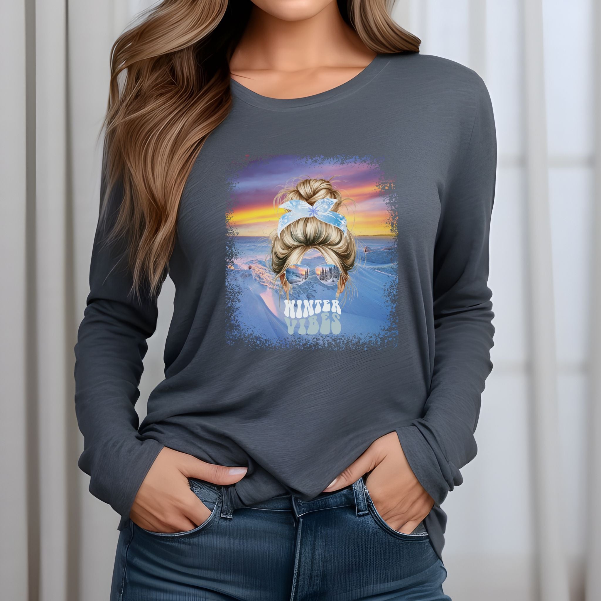 Winter Vibes Winter Mountain, Blond Hair Messy Bun, Unisex Jersey Long Sleeve Tee