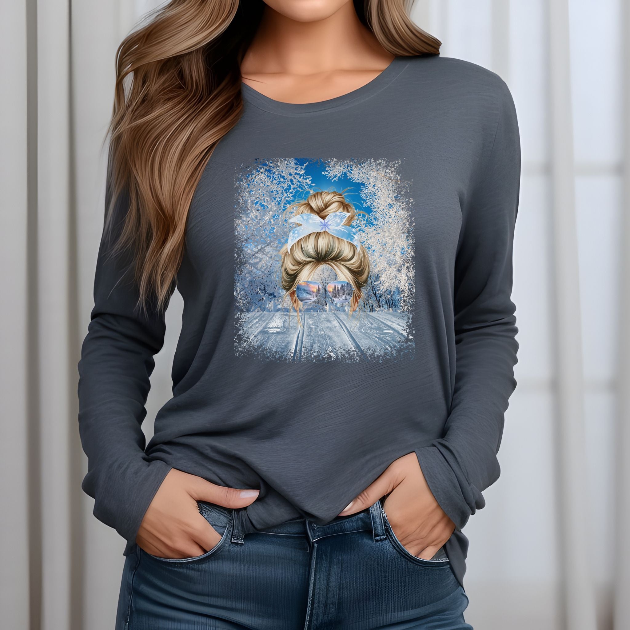 Winter Sunny Porch, Blond Hair Messy Bun, Unisex Jersey Long Sleeve Tee