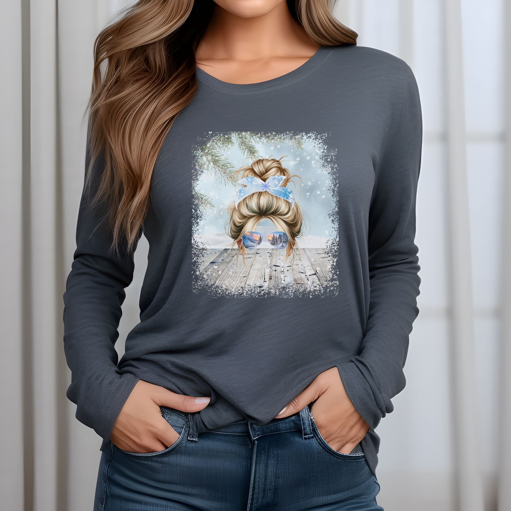 Winter Snowy Porch, Blond Hair Messy Bun, Unisex Jersey Long Sleeve Tee