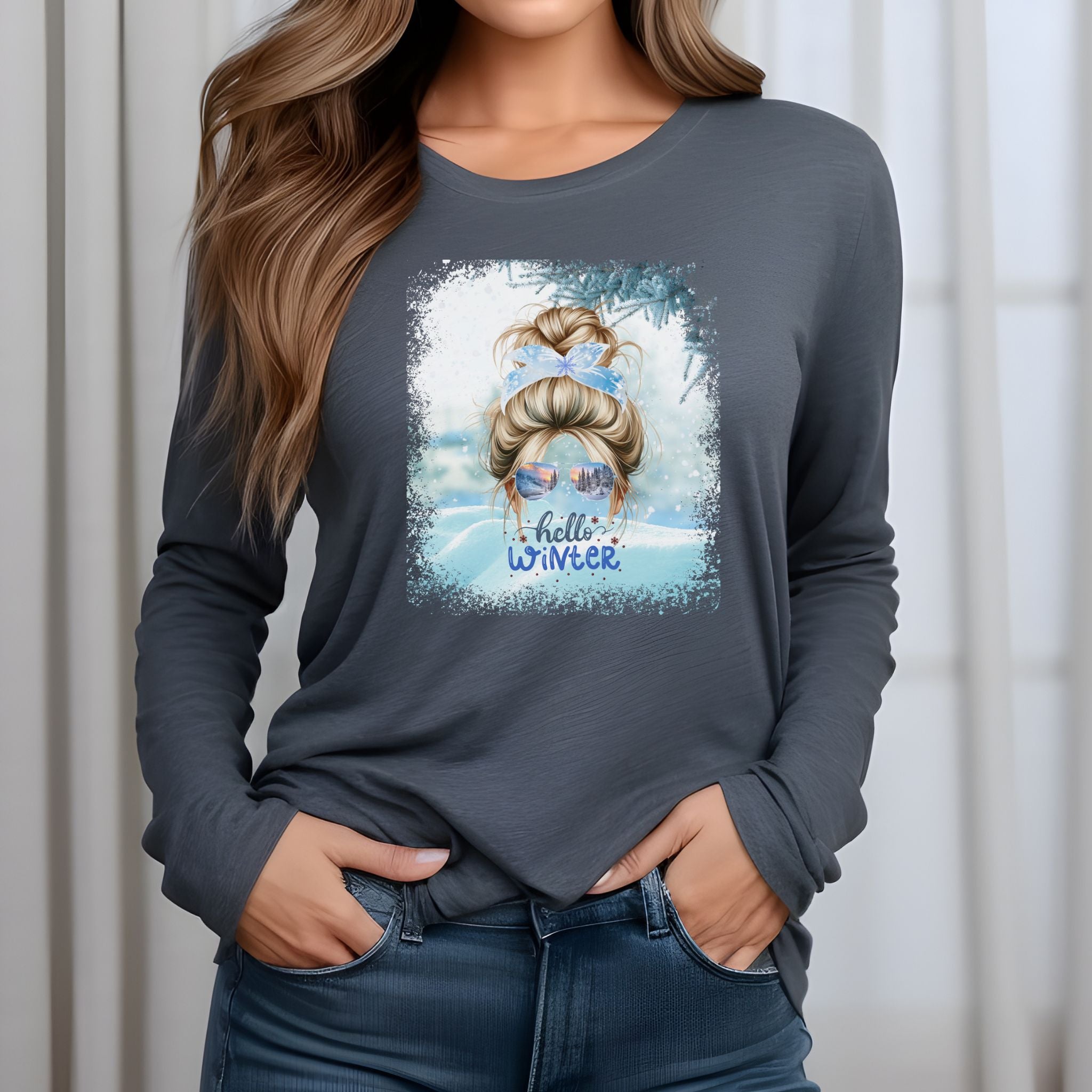 Hello Winter Snow, Blond Hair Messy Bun, Unisex Jersey Long Sleeve Tee