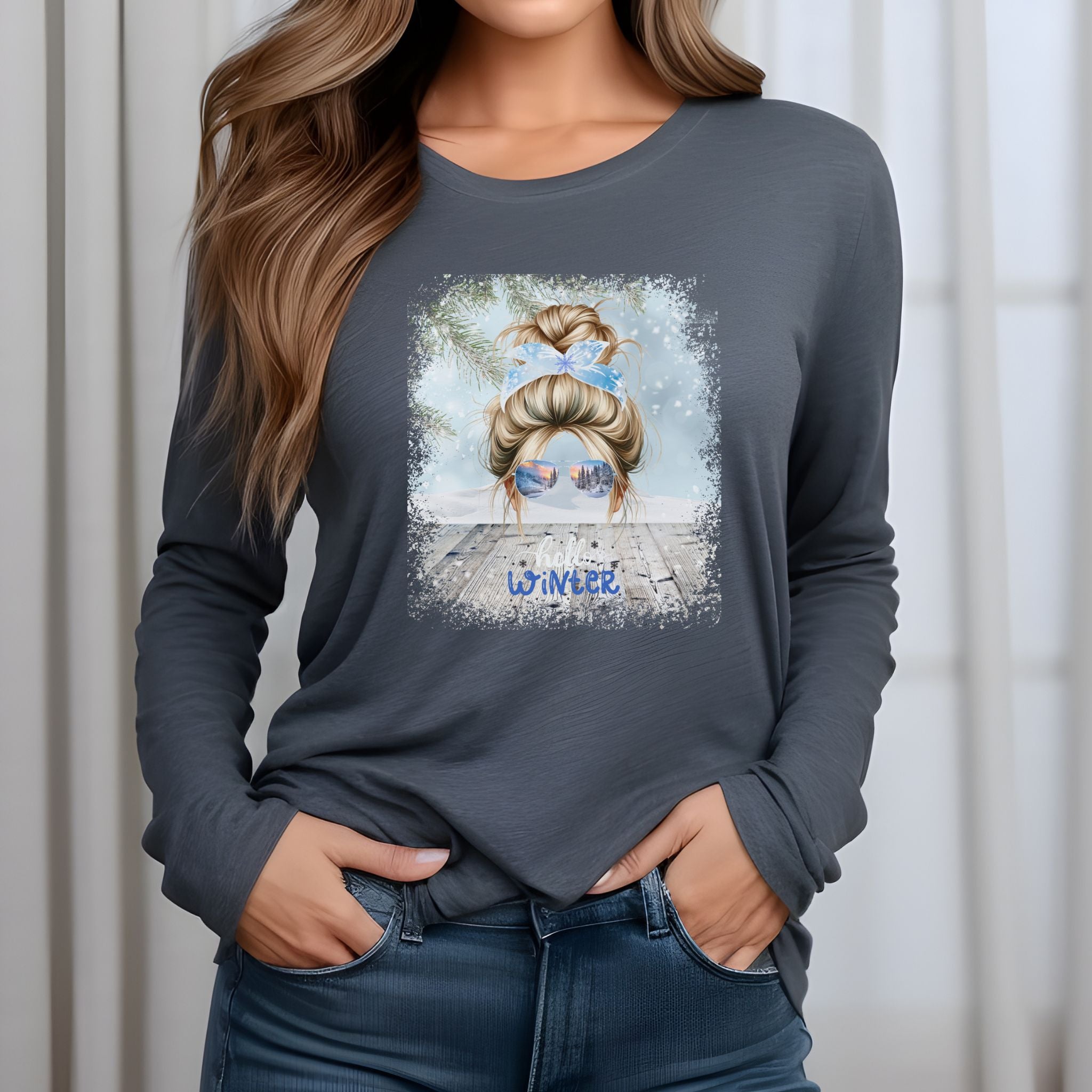 Hello Winter, Winter Snowy Porch, Blond Hair Messy Bun, Unisex Jersey Long Sleeve Tee