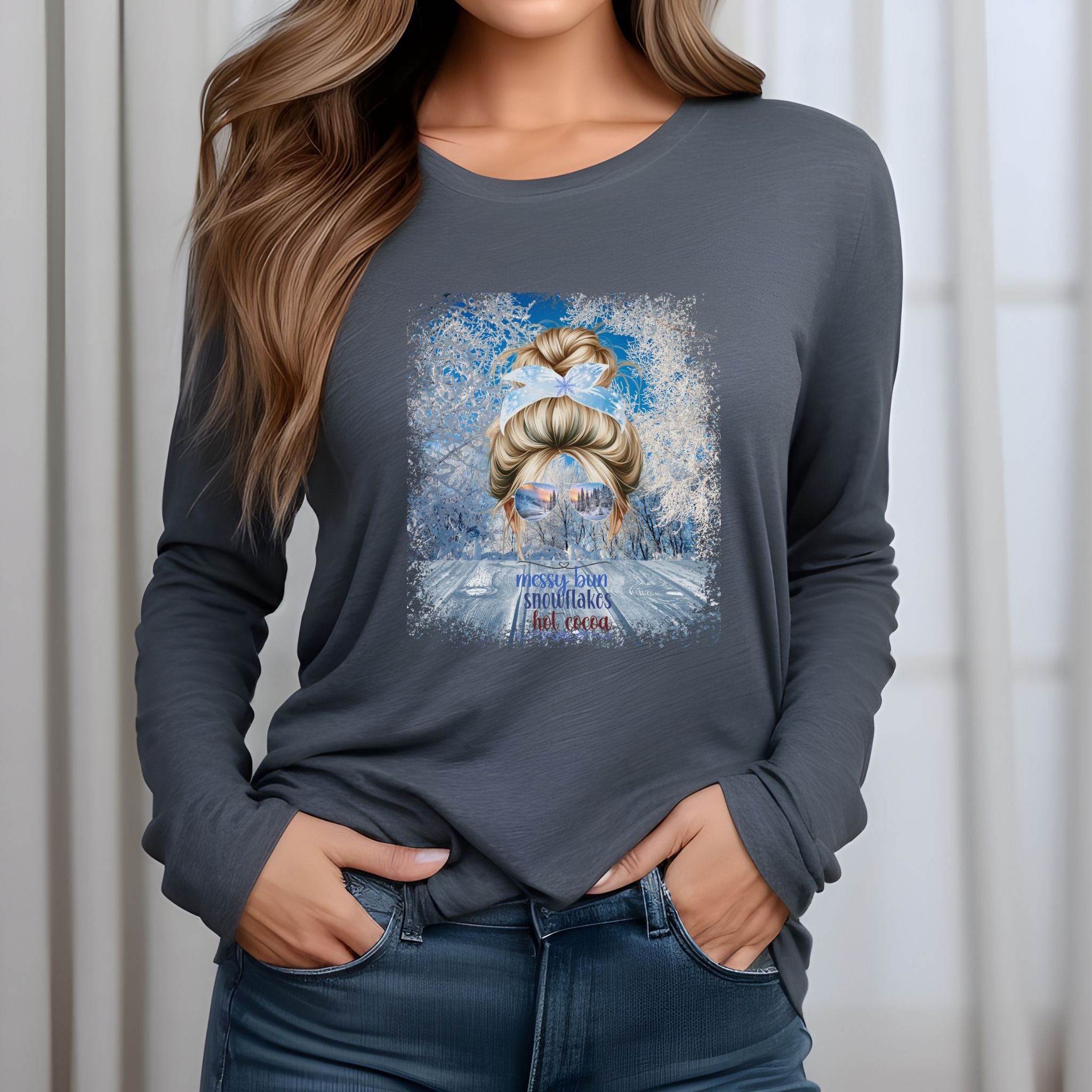 Messy Bun Winter Sunny Porch, Blond Hair Messy Bun, Unisex Jersey Long Sleeve Tee